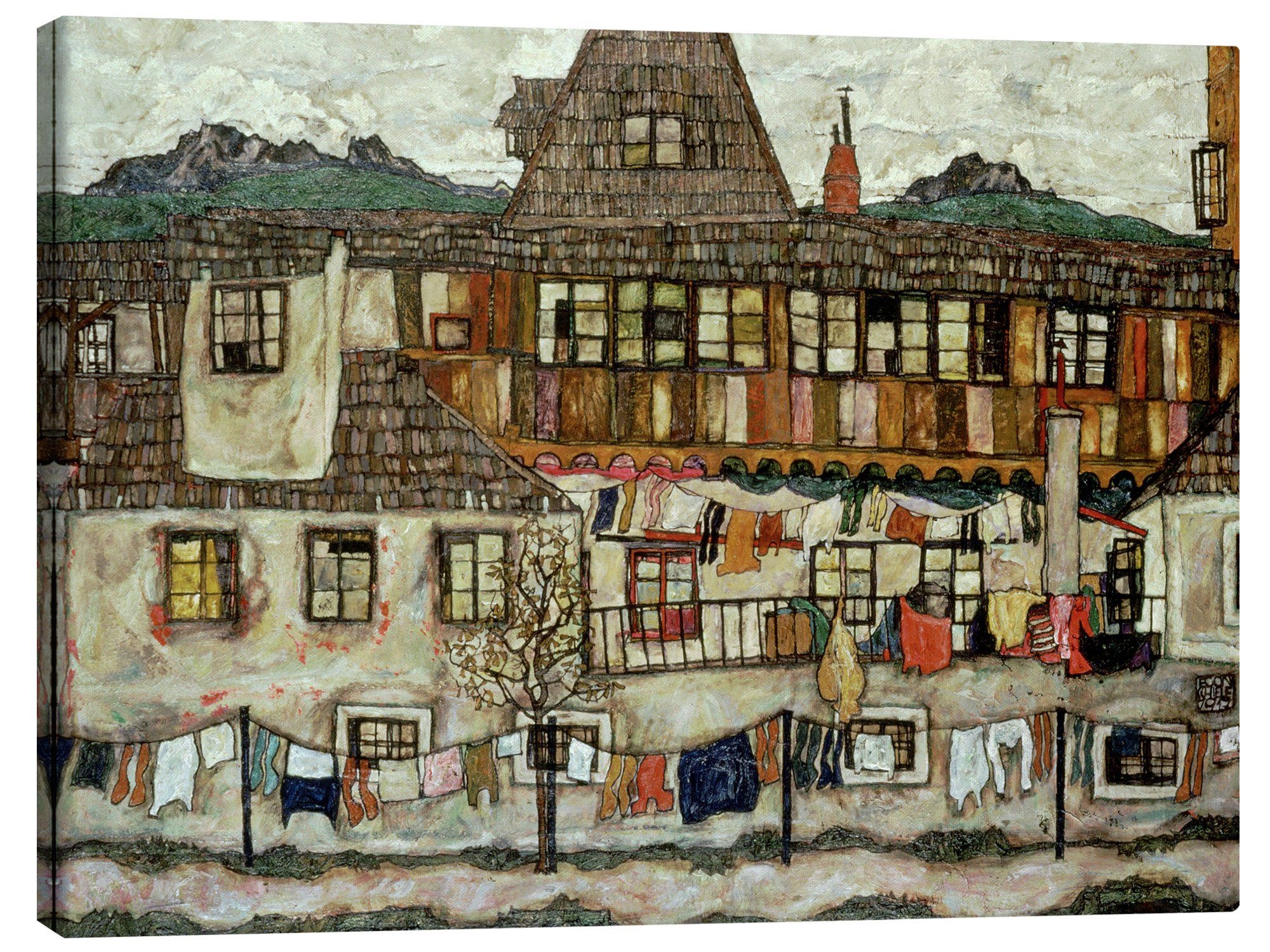 Posterlounge Leinwandbild Egon Schiele, Haus mit trocknender Wäsche, 1917, Malerei
