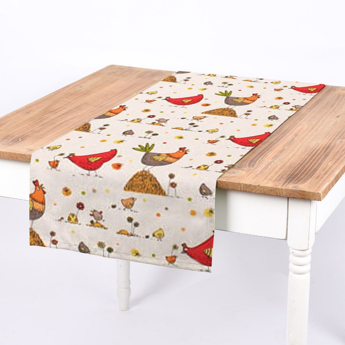 SCHÖNER LEBEN. Tischläufer Zazou Hühner Hahn Küken beige rot, made in Germany,handmade