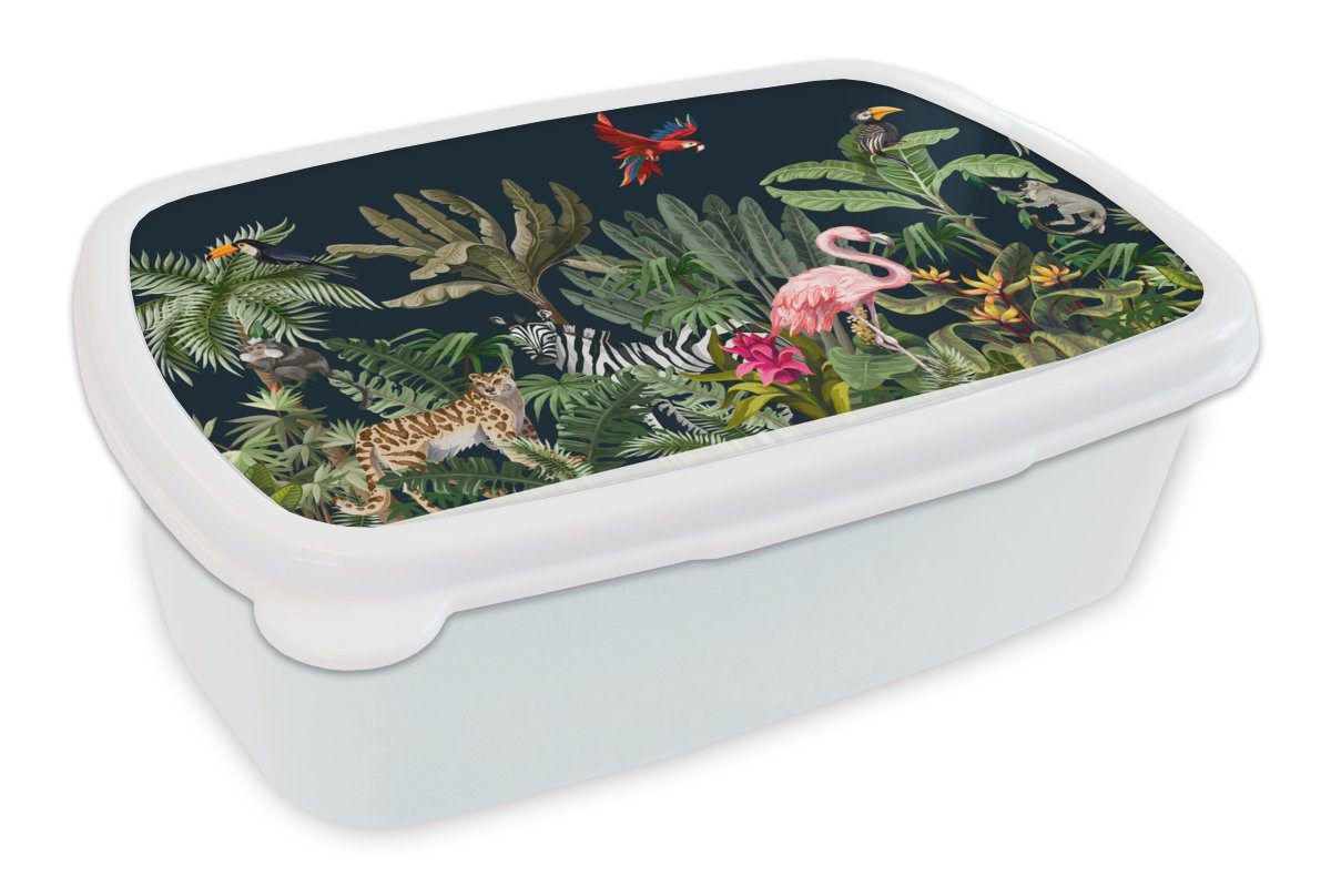 MuchoWow Lunchbox Dschungel - Pflanzen - Tiere - Kinder - Flamingo - Zebra, Kunststoff, (2-tlg), Brotbox für Kinder und Erwachsene, Brotdose, für Jungs und Mädchen weiß