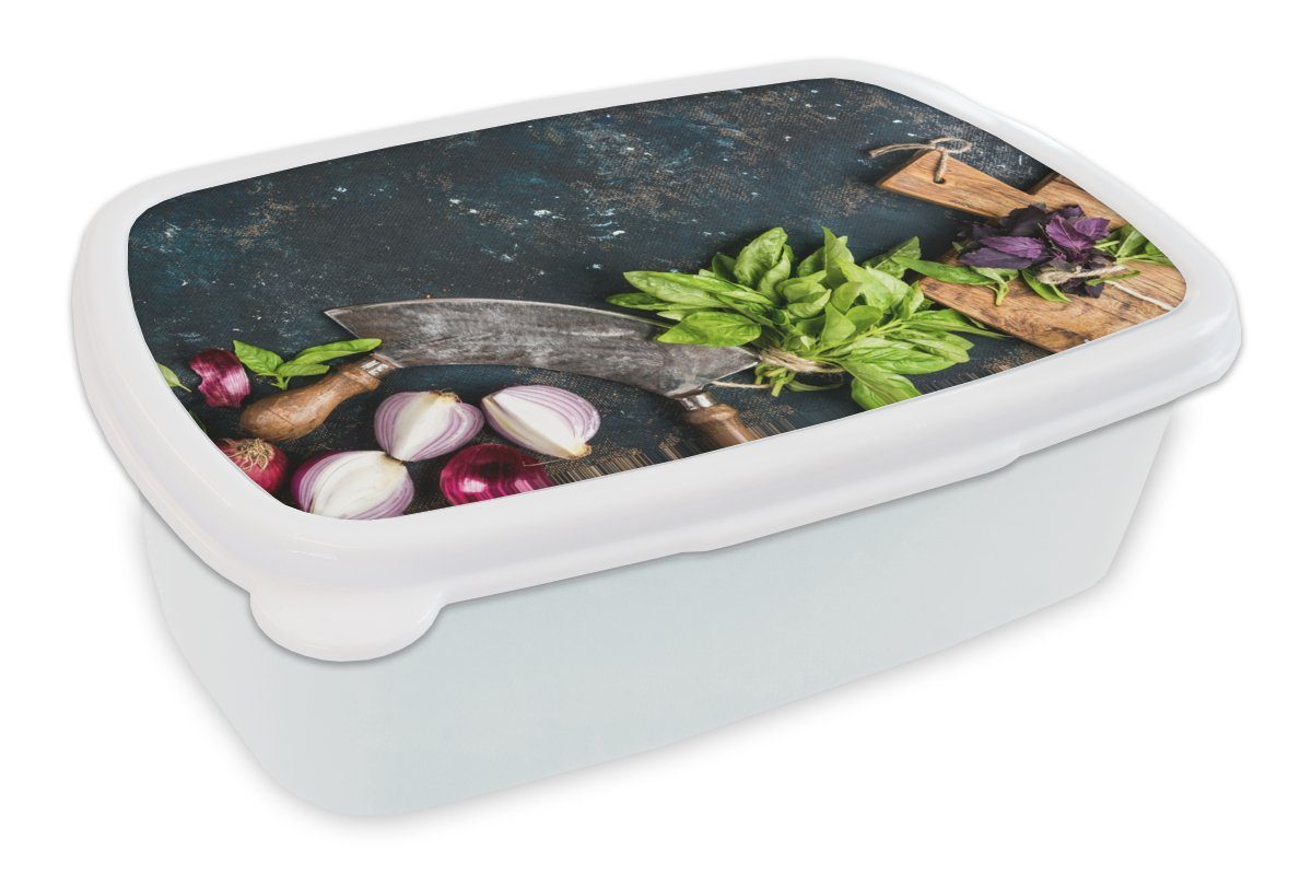 MuchoWow Lunchbox Gemüse - Kräuter - Wiegemesser - Zwiebel - Gewürze - Rustikal, Kunststoff, (2-tlg), Brotbox für Kinder und Erwachsene, Brotdose, für Jungs und Mädchen weiß