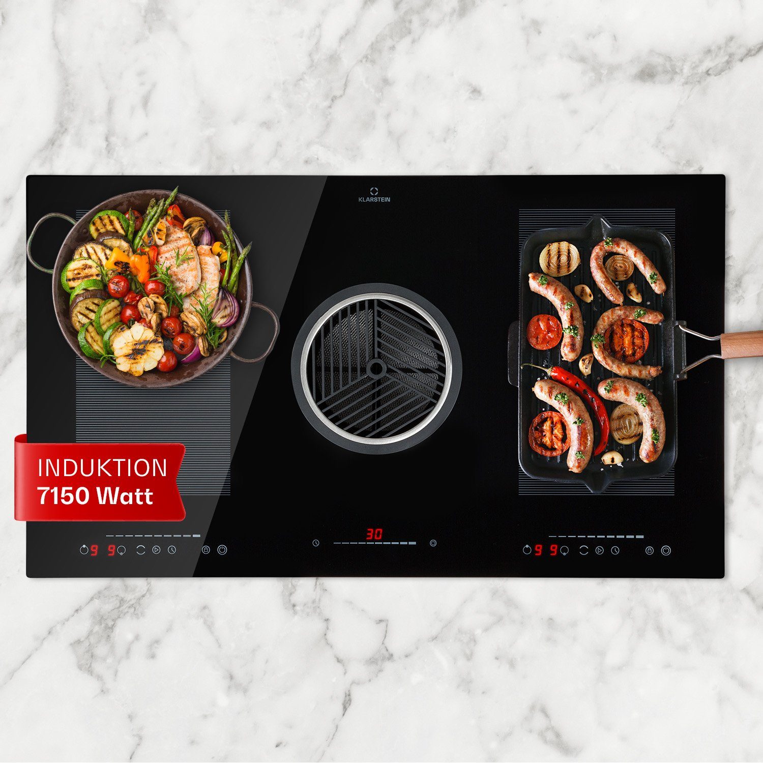 Klarstein Induktions-Kochfeld Full House CGCH3-Fullhouse-3.0, DownAir Abzugshaube Induktions-Kochfeld