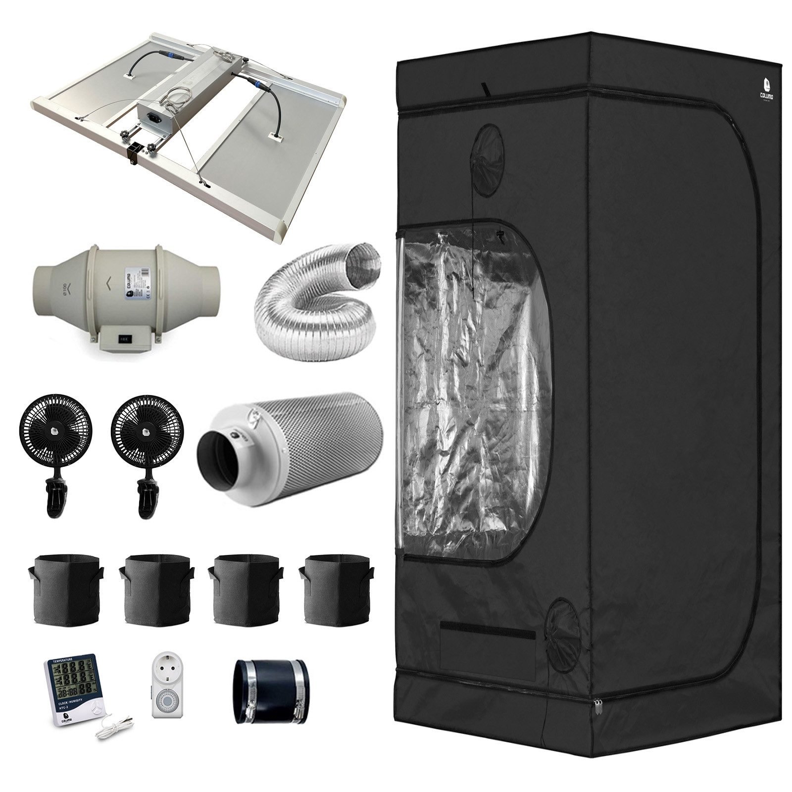 Caluma Foliengewächshaus Growbox Komplett Set - 120x120 cm Growzelt, 480W LED, für 4 Pflanzen, BxTxH: 120 x 120 x 200 cm, Komplettset, 120x120x200 cm,480W LED,Axiallüfter 350m³/h,Aktivkohlefilter 380m³/h