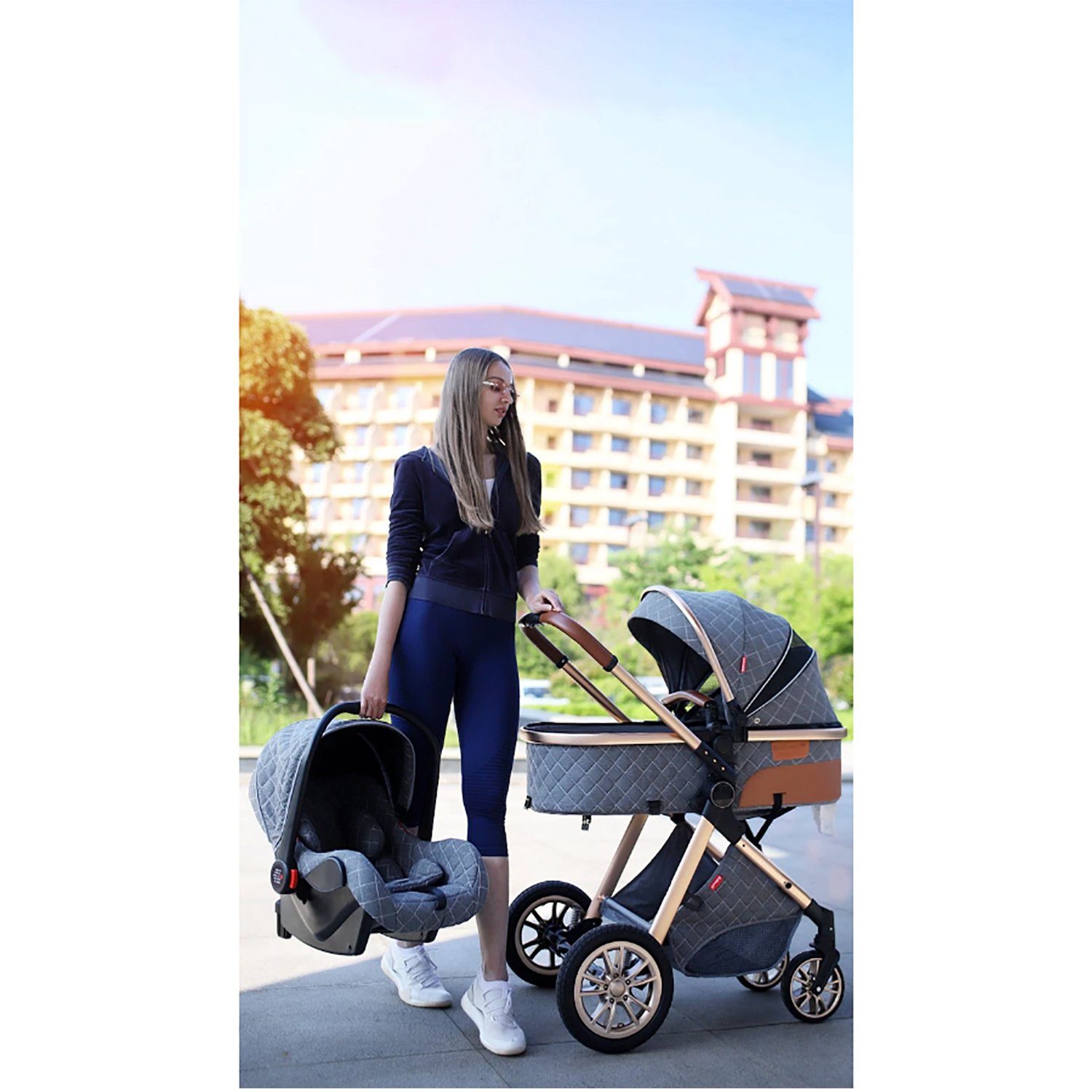 TPFLiving Kombi-Kinderwagen Babyschale Baby inkl. Kinderwagen Grau Zubehörset Babywanne in Regenschutz 3 Moskitonetz 1 Buggy Windeltasche