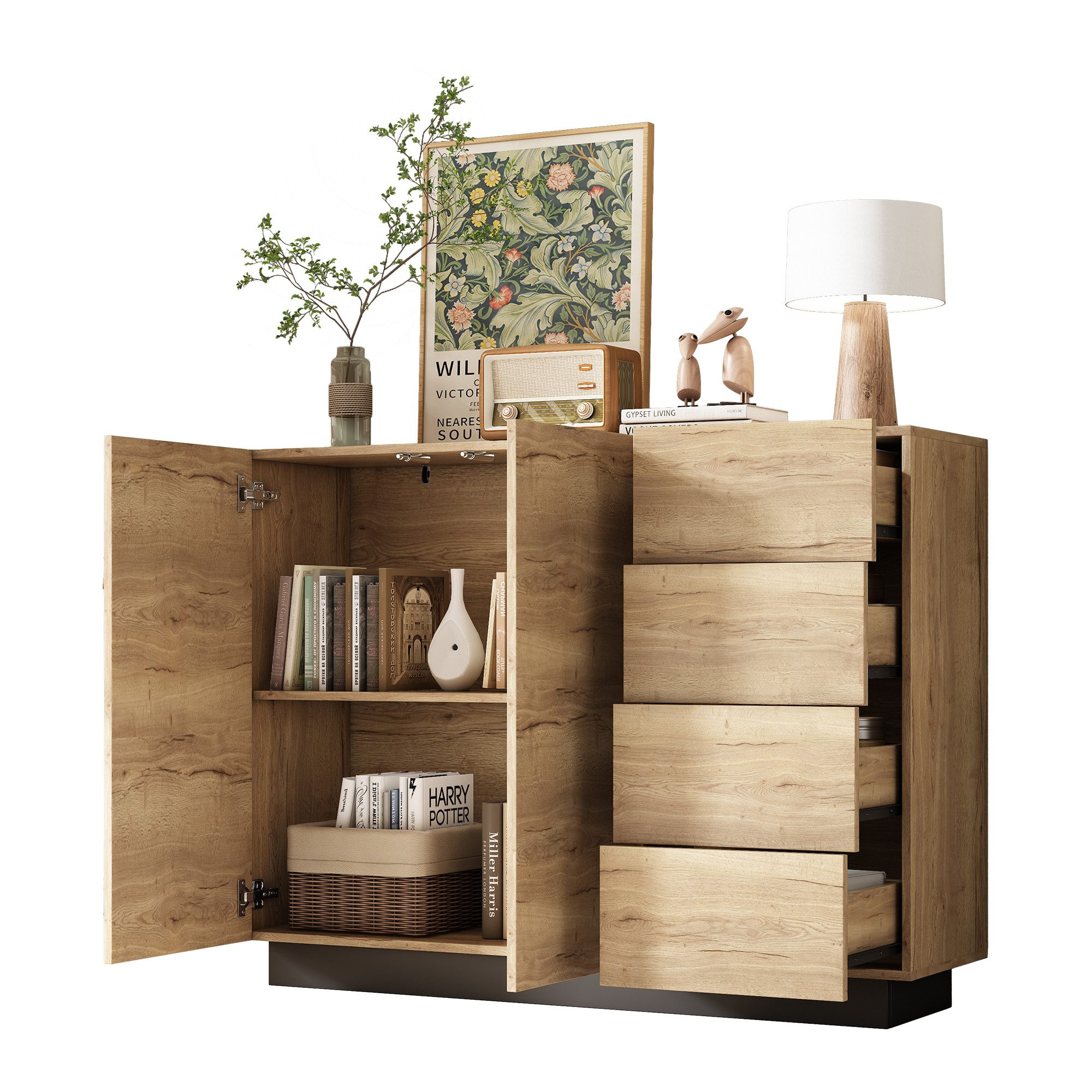 Refined Living Sideboard Sideboard Kommode Anrichte Aufbewahrungsschrank 120 cm (für Wohnzimmer, Esszimmer und Küche, 1 St., mit 4 Schubladen und 2 Türen, Schwarz/Naturholzoptik), Push-to-Open, hohe Füße, Mit Kippsicherung