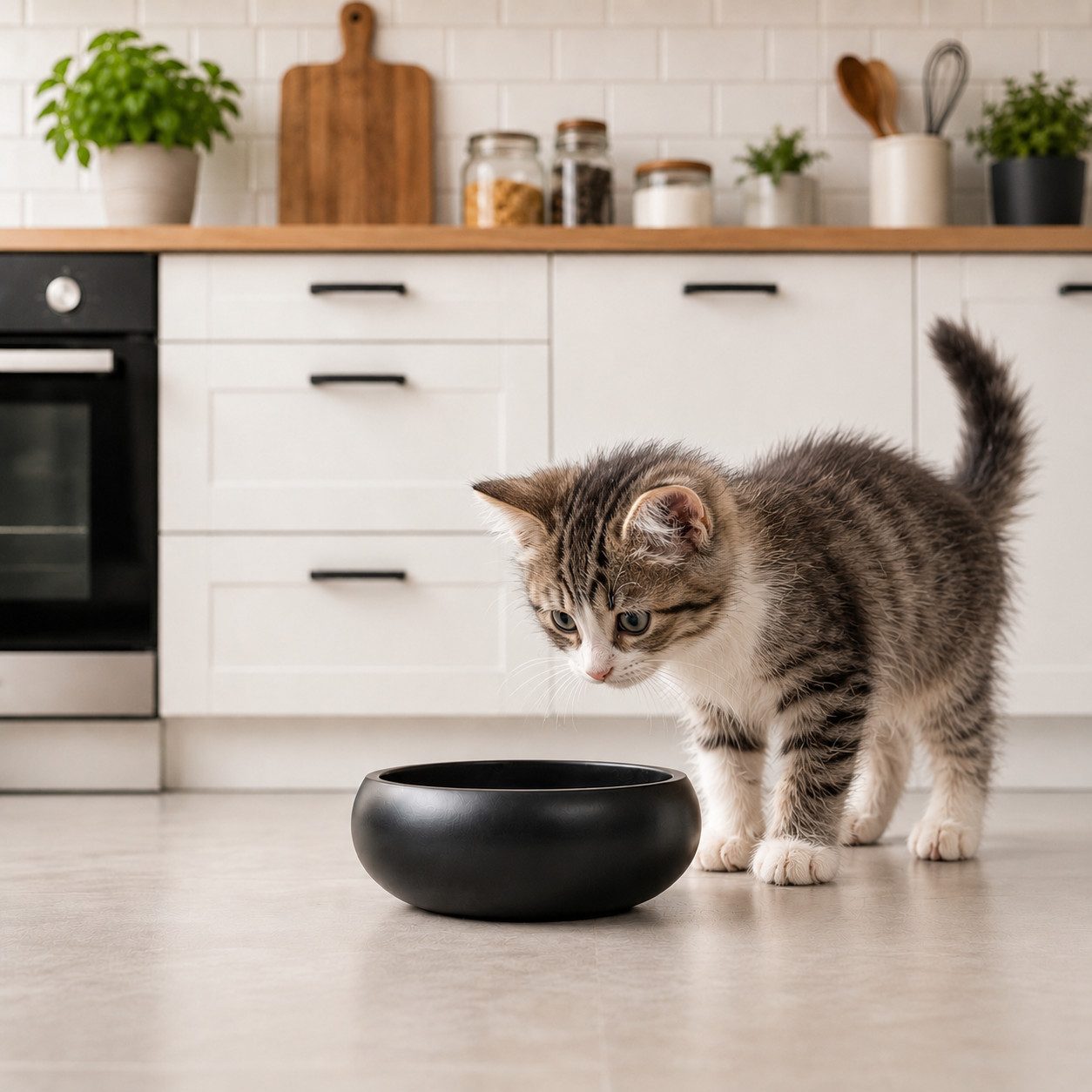 belviona Napf für Katzen, rutschfeste Unterseite, 13 cm Durchmesser, 360 ml, schwarz, Edelstahl, Katzennapf, Futternapf & Wassernapf 2-in1, robust & hygienisch