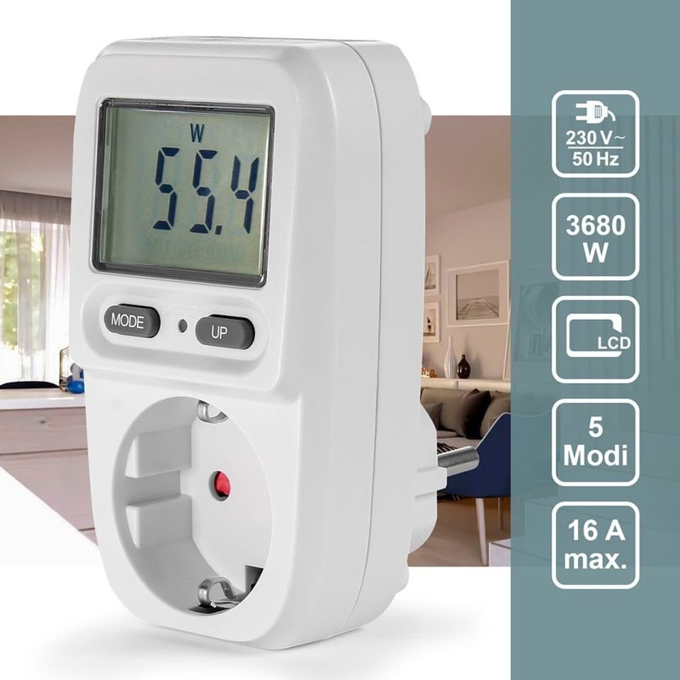 EAXUS Strommessgerät Energiekostenmessgerät Steckdose Strommesser Verbrauchsmessgerät, 1-tlg., bis 3680 Watt, Weiß mit Display