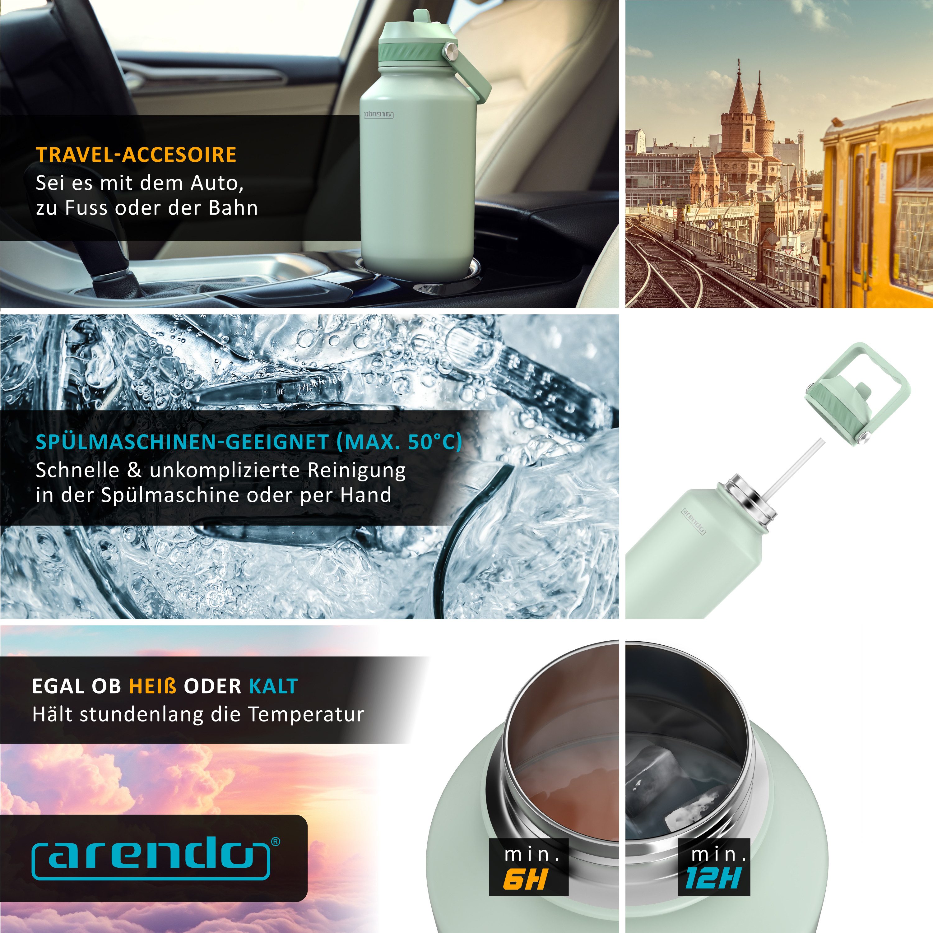 Arendo Thermobecher Travel Mug 1000 ml, Isolierbecher mit Strohhalm, 100% auslaufsicher, 1-tlg., Edelstahl, doppelwandig, Vakuum-Isolierung, dicht, Klappverschl – Bild 4 von 5