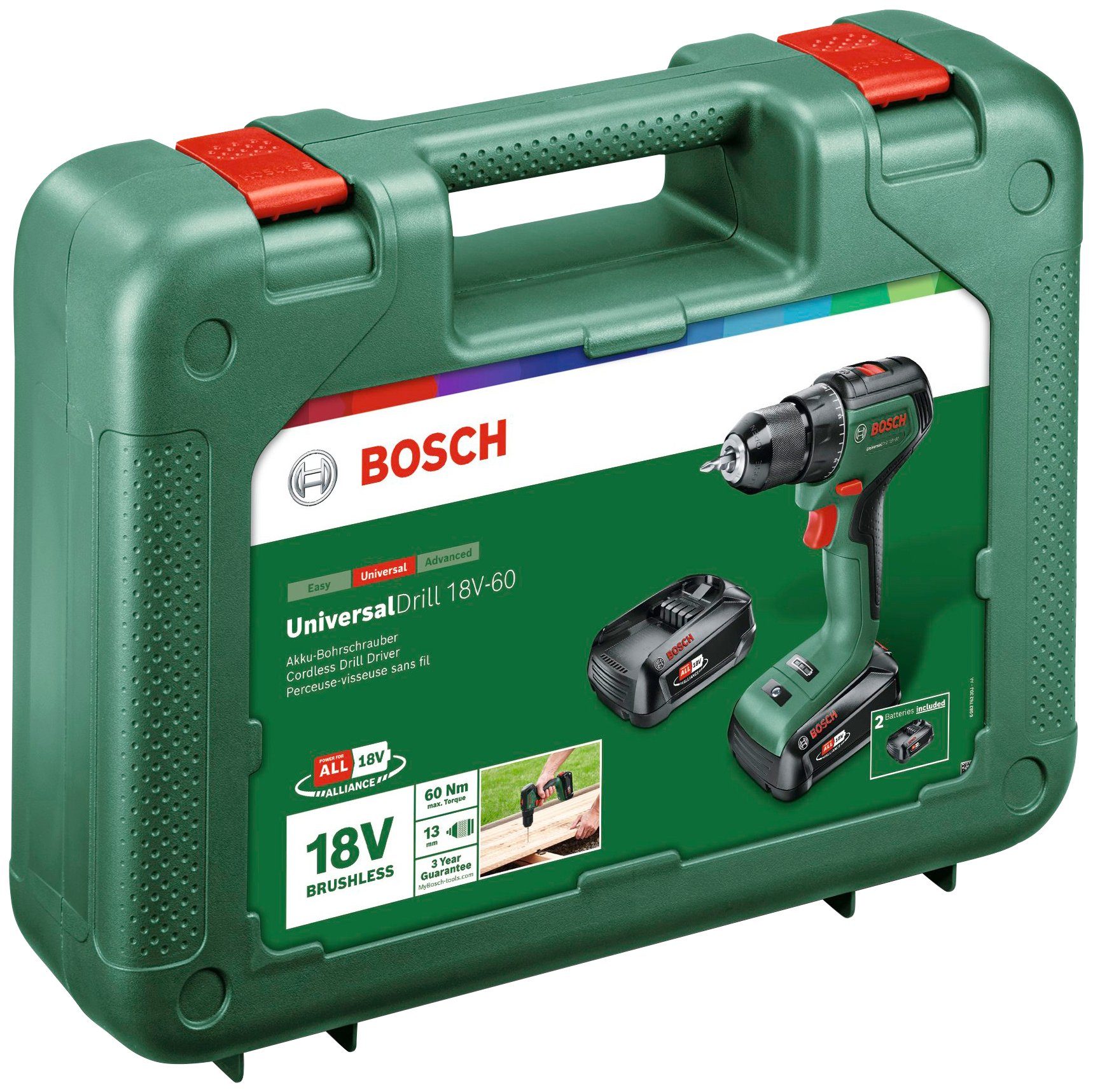 18V-60, Bosch UniversalDrill Ladegerät 2 Koffer, Garden 18V/2Ah mit Akkus Inkl. Akku-Bohrschrauber und & Home