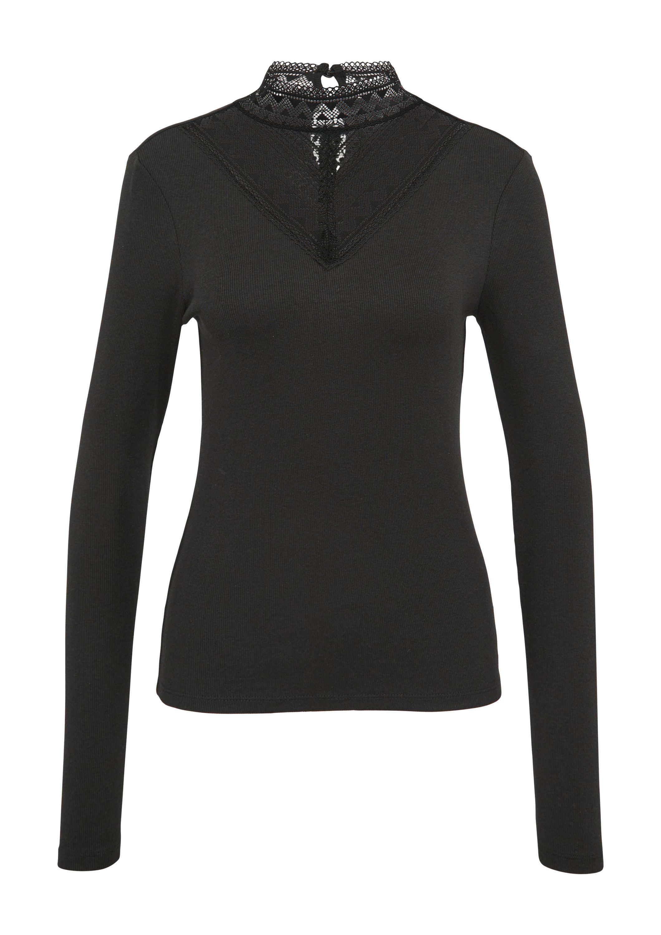 QS Langarmshirt T-Shirt Schmales Rippshirt mit Spitzeneinsatz am Ausschnitt günstig online kaufen