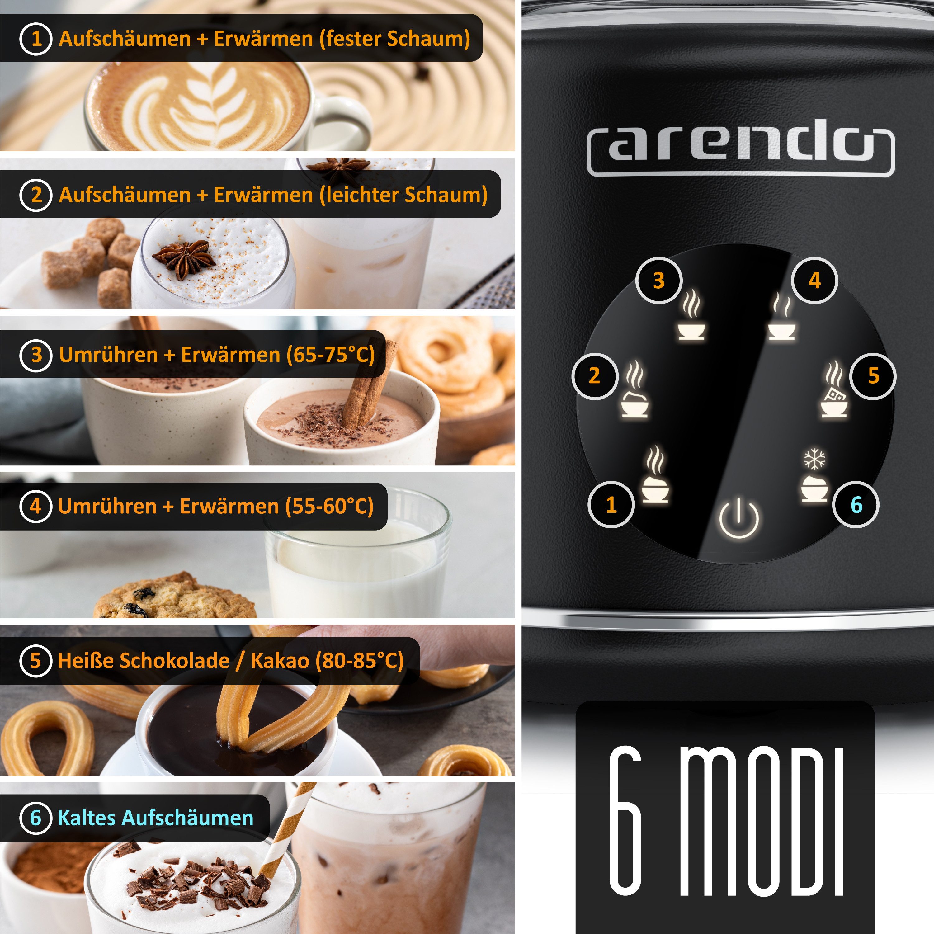 Arendo Milchaufschäumer mit 500 ml Glas Behälter, elektrisch, für heißen & kalten Milchschaum, 600 W, 2 Einsätze, für Cappuccino Latte Macchiato heiße Schokolade uvm.