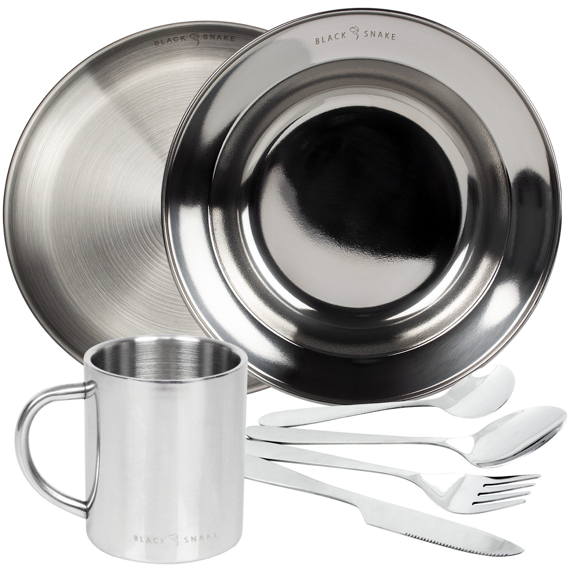 Black Snake Geschirr-Set Black Snake® Edelstahl Camping Set mit Teller & Tasse (4-tlg), 1 Personen, Edelstahl, Camping Geschirr Set aus robustem Edelstahl