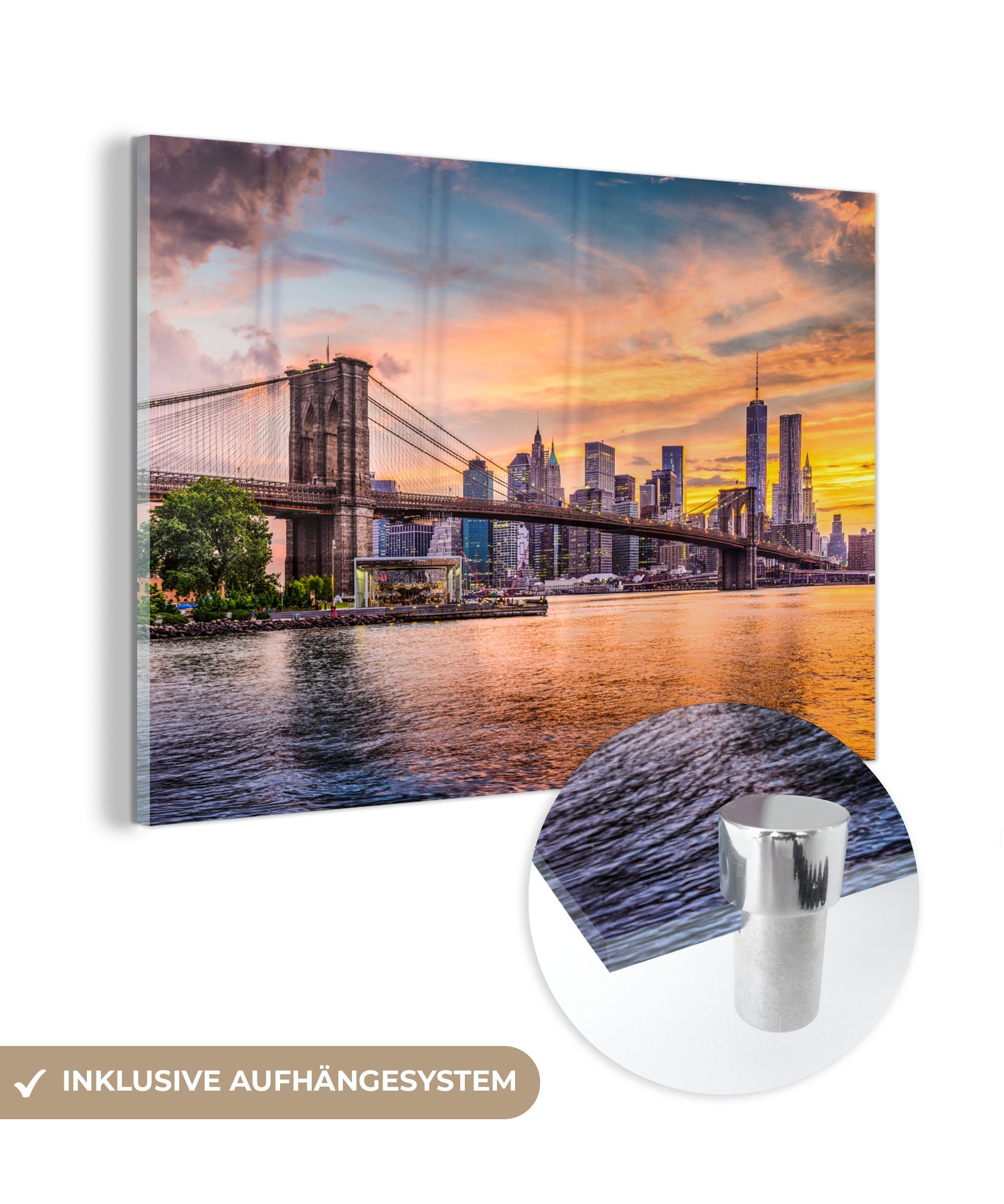 MuchoWow Acrylglasbild New York - Brooklyn Bridge - Wolken, (1 St), Acrylglasbilder Wohnzimmer & Schlafzimmer