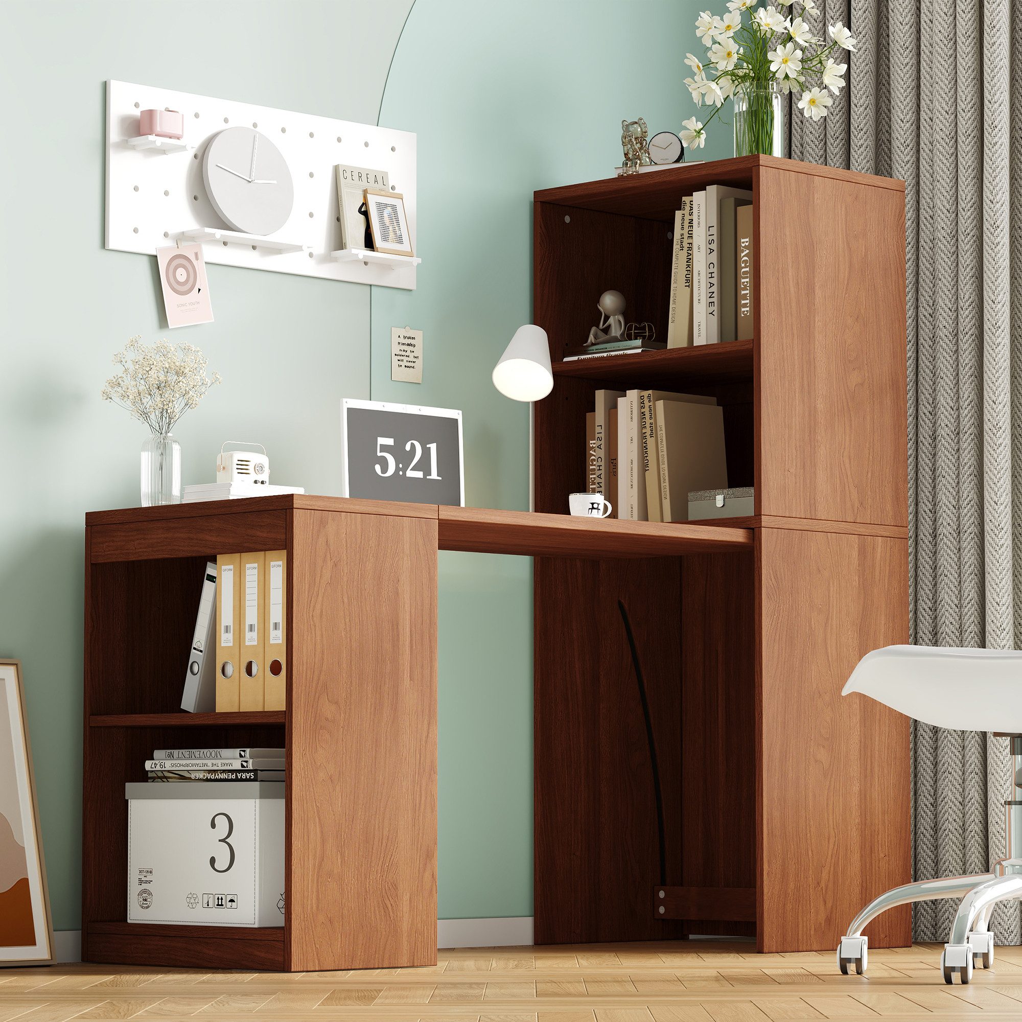 Flieks Regal-Schreibtisch L-Form multifunktionaler Klapptisch mit Rollen&Bücherregal 2-in-1 (Tischplatte: 90x51 cm, Standregal: 55x40x137 cm, Gesamtlänge 130 cm – Bild 3 von 5