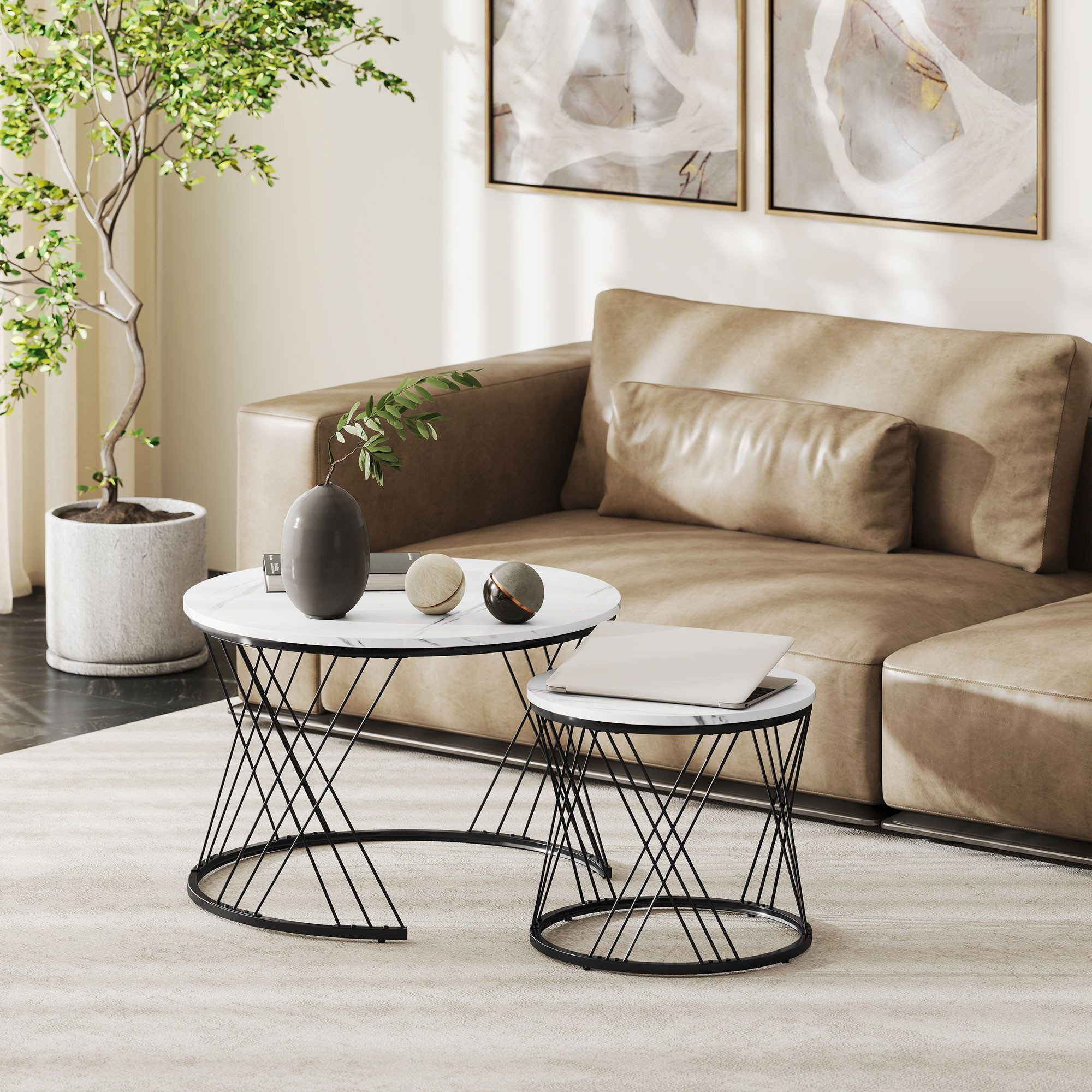 HOMCOM Couchtisch rund Beistelltisch mit Marmoroptik, mit Metallrahmen (Wohnzimmertisch, 2-St., Satztisch), Kaffeetisch für Wohnzimmer Schlafzimmer Weiß
