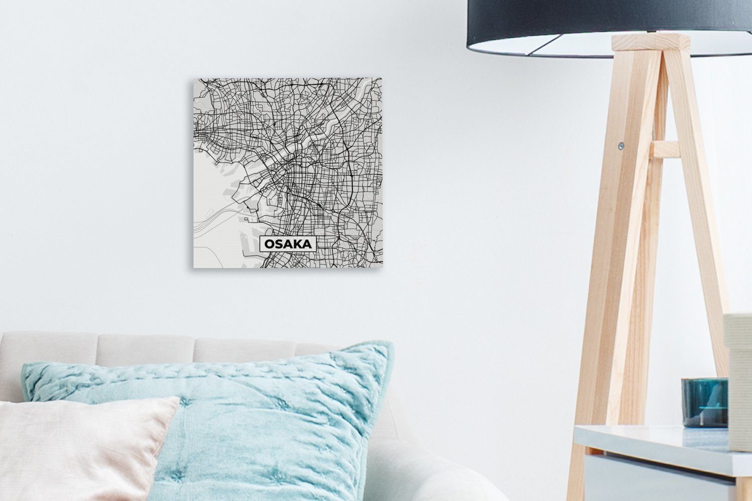 OneMillionCanvasses® Leinwandbild Schwarz Osaka Bilder Wohnzimmer weiß - Leinwand St), Karte, Stadtplan - für und (1 - Schlafzimmer