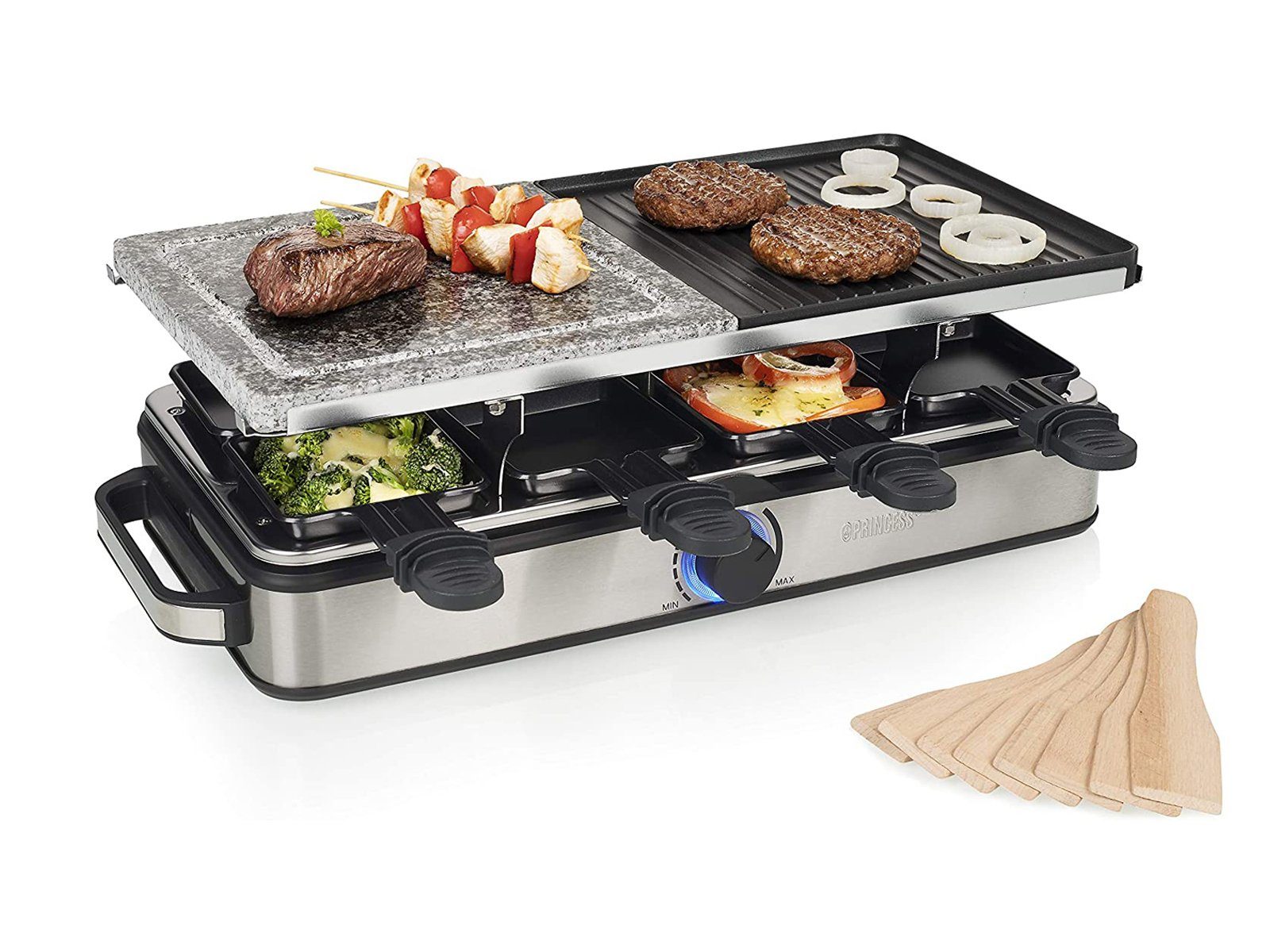 PRINCESS Raclette, 8 Raclettepfännchen, 5in1 Gerät für 2-8 Personen Tischgrill Grill- & Steinplatte Steingrill