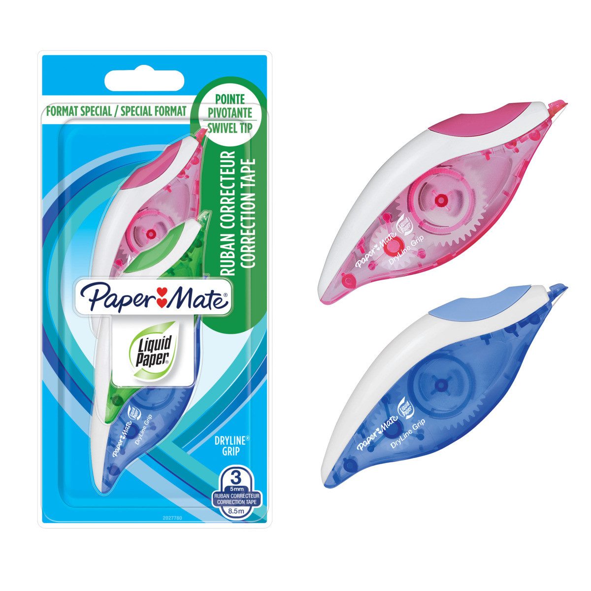 Newell Brands Tintenkiller Paper Mate Korrekturroller DryLine Grip blau grün pink 5mmx8,5m 3