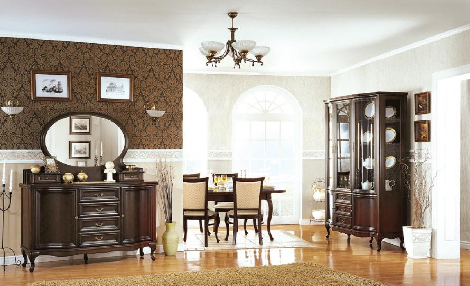 JVmoebel Wohnzimmer-Set Elegante Vitrine und klassische Anrichte aus Holz mit Spiegel, (3-St., 3tlg Wohnzimmer Set (Vitrine + Anrichte + Spiegel), Made in Europa
