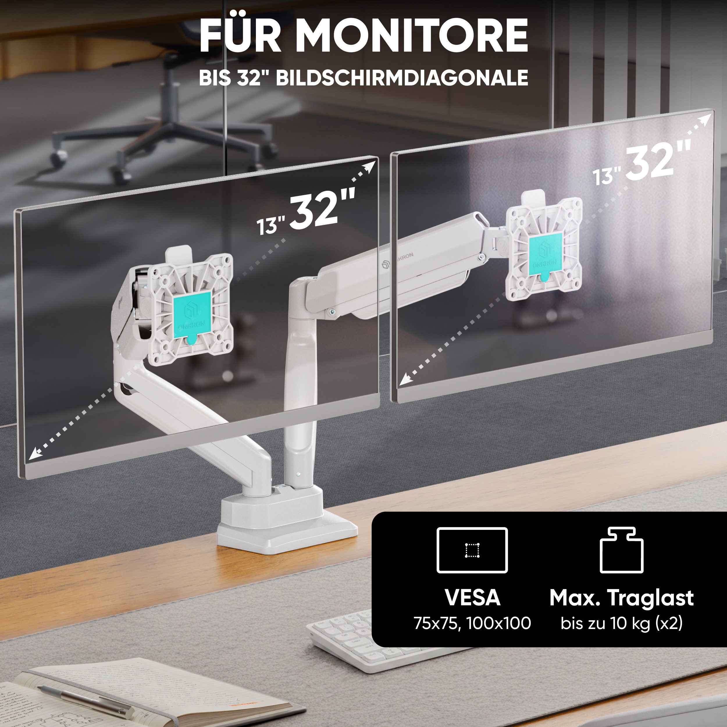 ONKRON Monitor-Halterung 13-32 Zoll, bis 10 kg pro Arm, VESA 75x75-100x100, G160-W, (bis 32 Zoll, neigbar, schwenkbar, drehbar, Gasdruckfeder, Kabelmanagement)