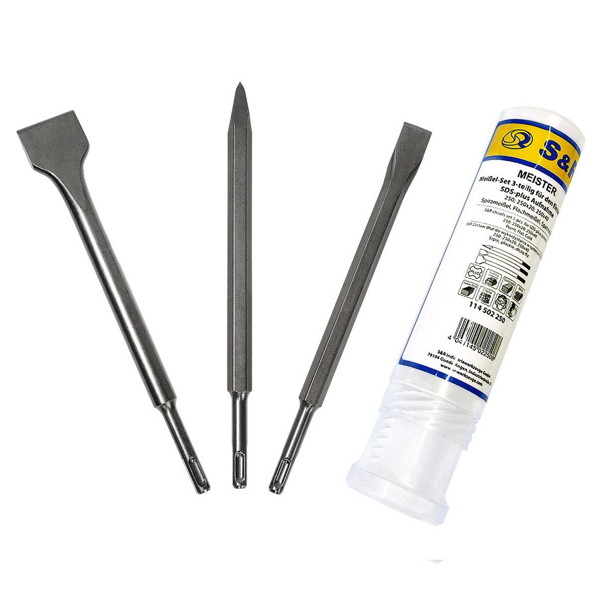 S&R Meißel-Set SDS-plus, in Industrie-Qualität mit hohe Standzeit, Made in Germany, 260 in mm, für SDS-Plus, (Set, 3-tlg., ‎Flachmeißel Breite 20mm, Fliesenmeißel Breite 40mm, Spitzmeißel) optimierte Meißel- & Klingengeometrie, in robuster Box