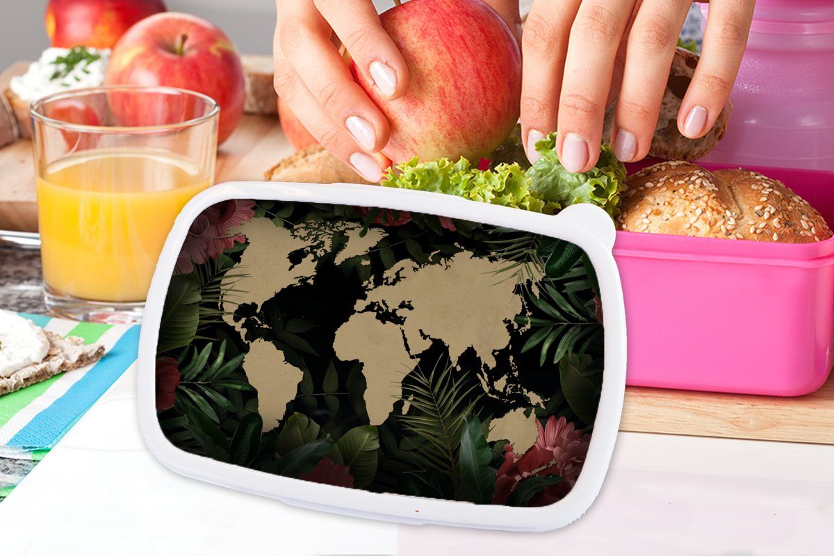 MuchoWow Lunchbox Weltkarte - Erwachsene, für - Blumen Kunststoff Brotbox Mädchen, Kunststoff, (2-tlg), Pflanzen, Brotdose Tropische Snackbox, Kinder, rosa