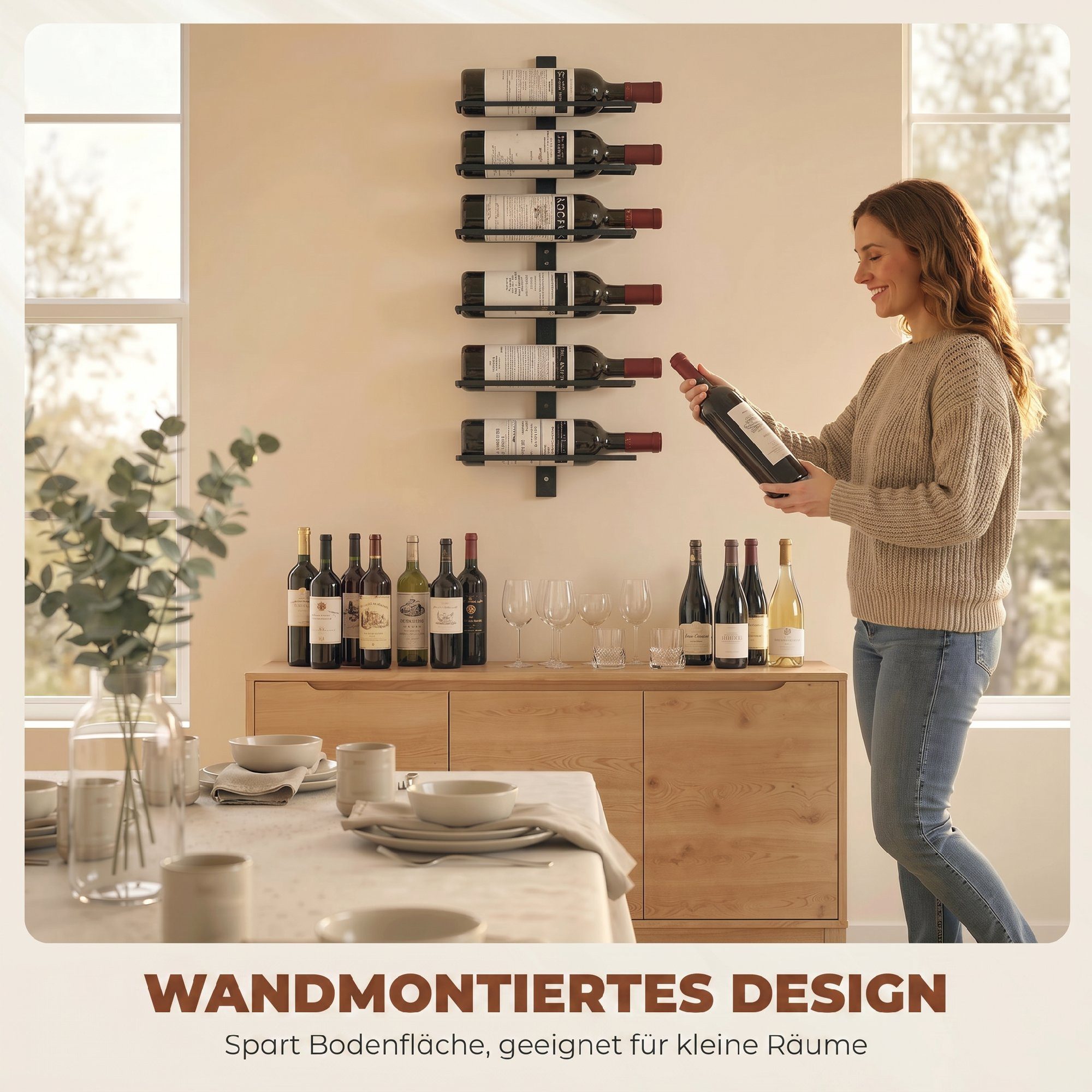 HOMCOM Weinregal Flaschenhalter für 6 Flaschen, Aufbewahrungsregal aus Stahl 1-tlg., für Küche, Esszimmer Schwarz – Bild 5 von 5