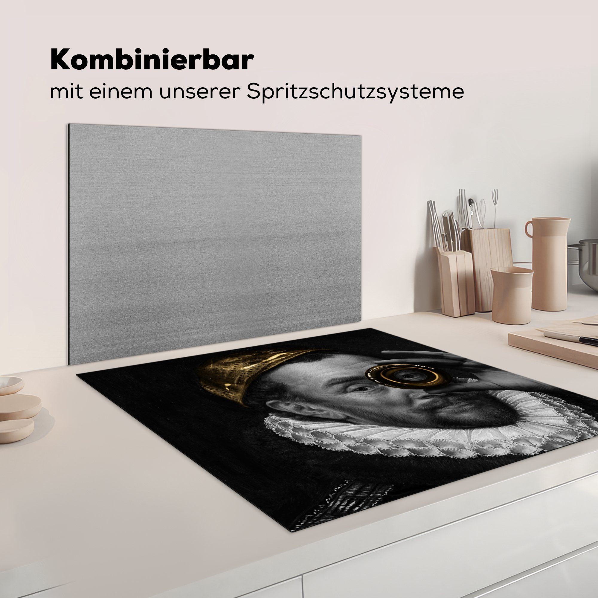 Herdblende-/Abdeckplatte Arbeitsplatte Ceranfeldabdeckung, Wilhelm - küche für von Vinyl, Oranien 78x78 (1 - tlg), cm, Kunst MuchoWow Gold,