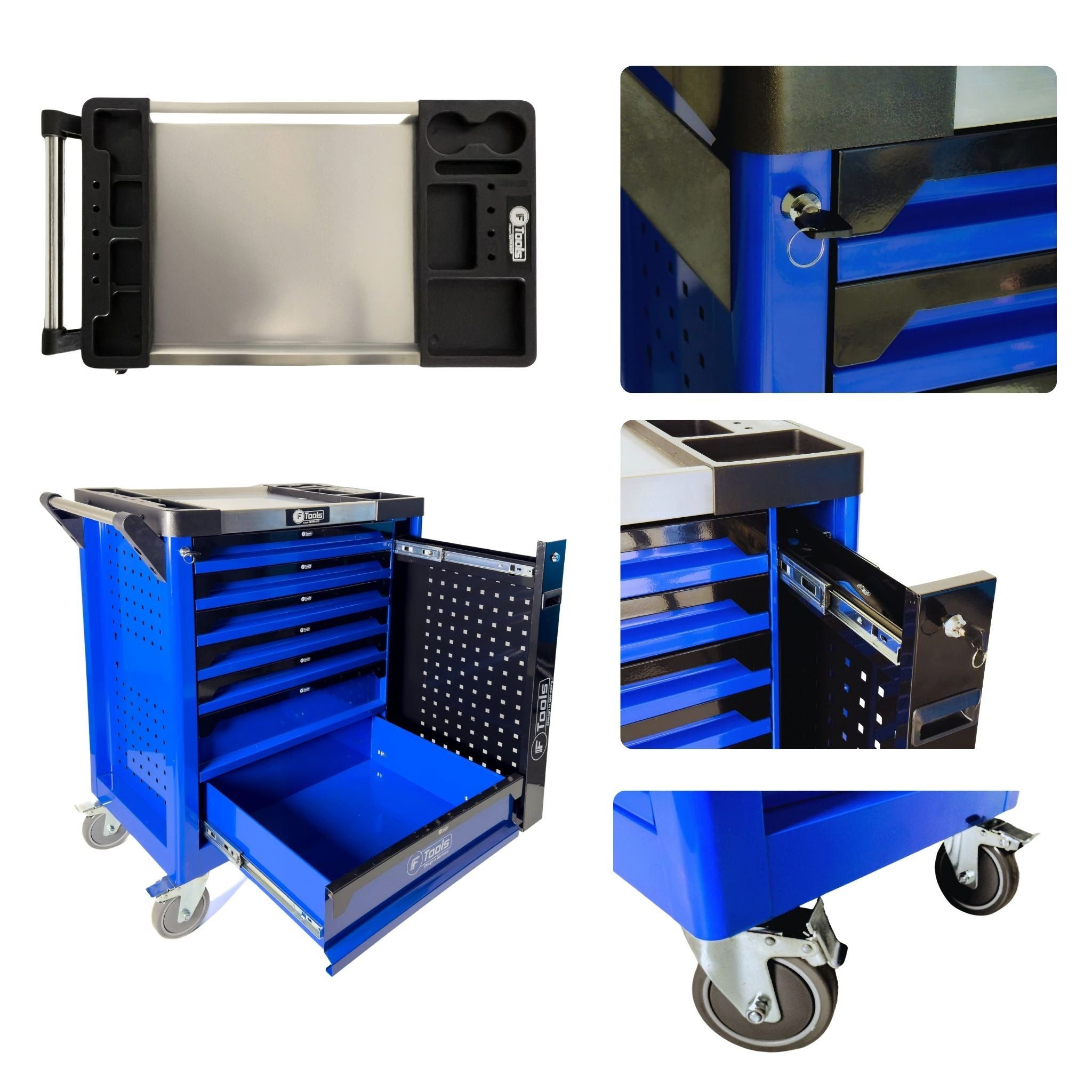 Toolcar Werkzeugwagen Werkstattwagen 7 Schubladen, 6 befüllt, bestückt, gefüllt - Blau, kugelgelagert, 4 Rollen (2 Stop), Pegboard, Chrom-Vanadium-Stahl, max. Traglast:35 kg, 259-tlg. Werkzeugset, (Steck-/Ringschlüssel, Ratschen, /Torx, Schraubendreher, Zangen, 259-tlg., EVA-/Schaum-Einlagen, logisch sortiert, schneller Zugriff), Arbeitsplatte, Einzelauszug, Kantenschutz, Drehmomentschlüssel