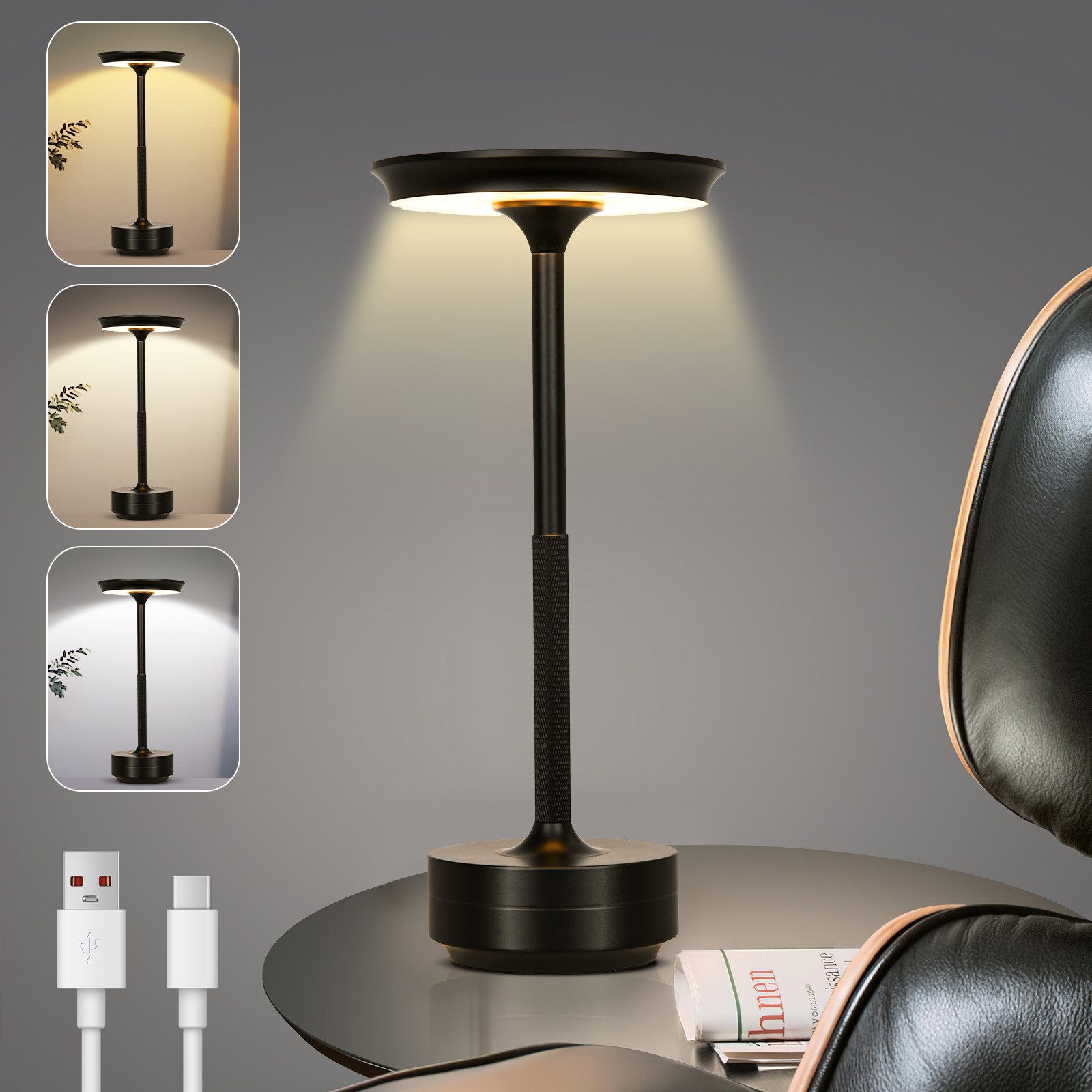 Lapalife Nachttischlampe LED Tischlampe Kabellos Akku, Dimmbar, 3 Farbtemperatur, LED fest integriert, Schwarz Tischleuchte Aufladbar für Nachttisch Esstisch Schreibtisch