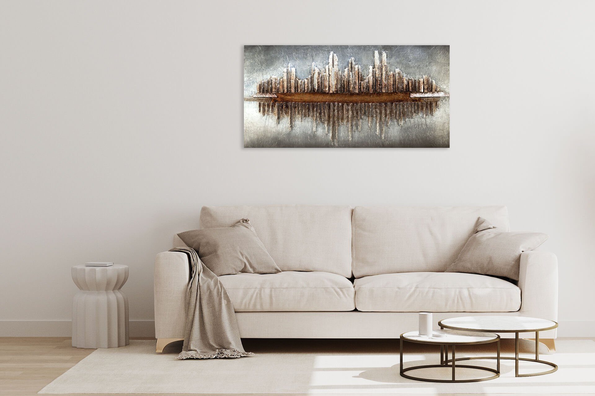 cm, KUNSTLOFT Wandbild Holzbild aus Holz 120x60 handgefertiges Silhouette Skycraper