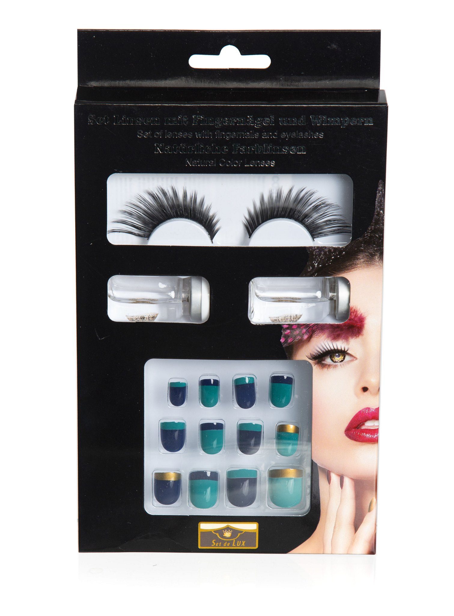 Metamorph Bandwimpern SFX Make-up Set petrol-gold, Kompaktes Schminkset mit Wimpern, Kontaktlinsen und Fingernägeln