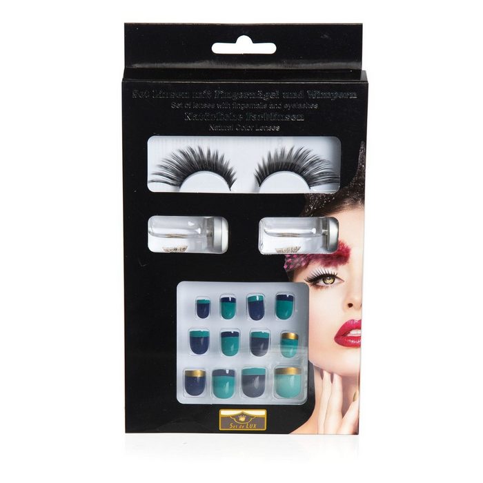 Metamorph Schmink-Set SFX Make-up Set petrol-gold Kompaktes Schminkset mit Wimpern Kontaktlinsen und Fingernägeln