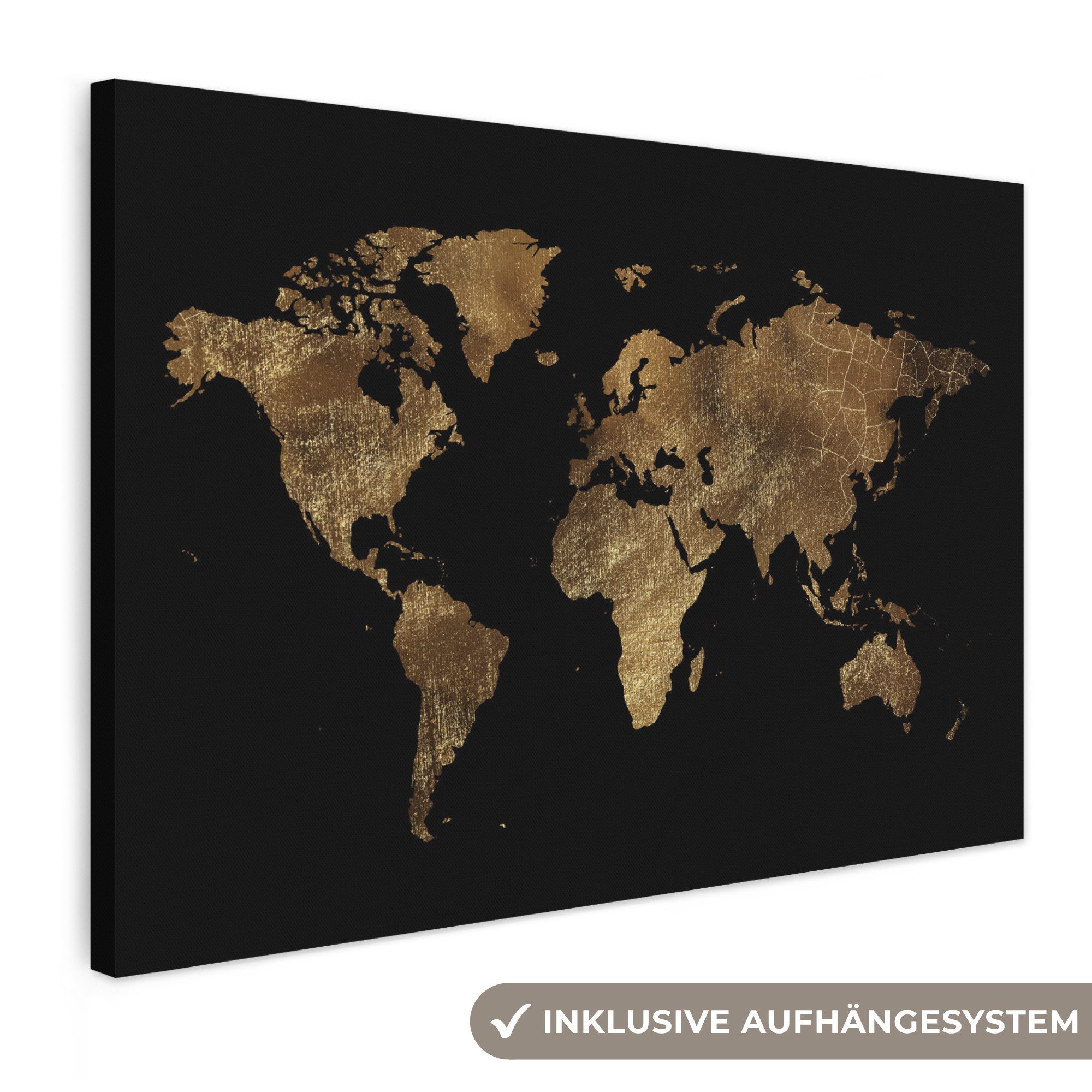 OneMillionCanvasses® Leinwandbild Weltkarte - Gold - Luxus - Erde - Schwarz, Fotodruck (1 St), Wandbild XXL für Wohnzimmer Küche 120x80 cm