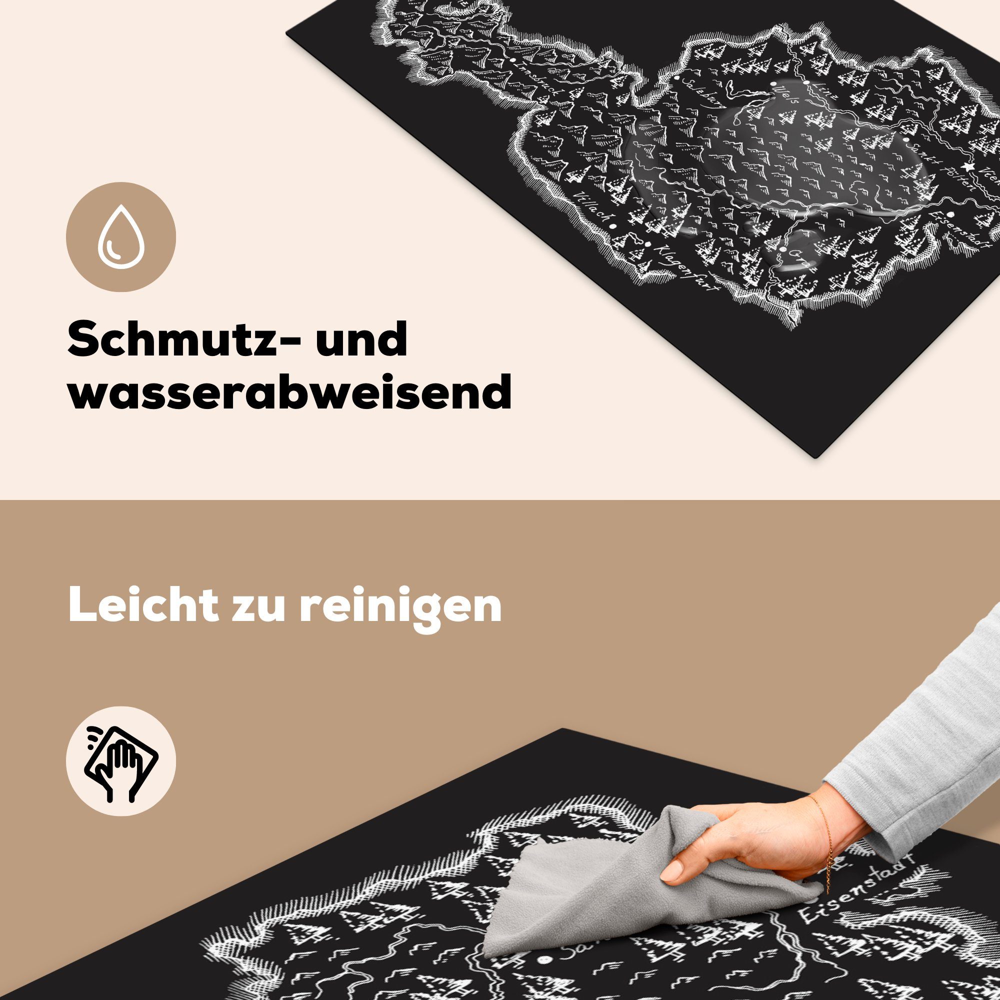 83x51 MuchoWow Ceranfeldabdeckung, Schwarz-Weiß-Illustration Karte in, Herdblende-/Abdeckplatte (1 küche Gewässer der und tlg), Vinyl, für einer Berge Arbeitsplatte cm,