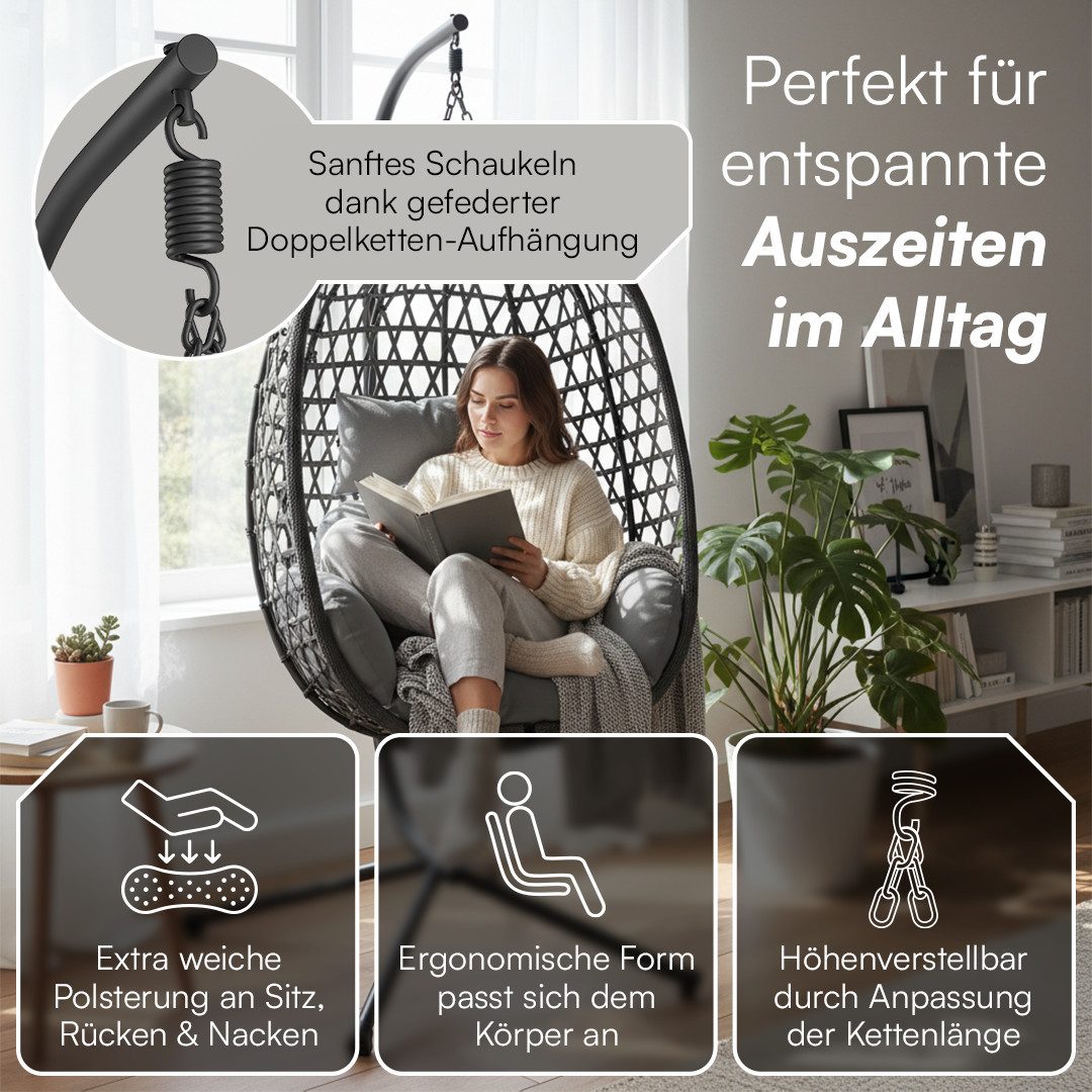STEELSØN Hängesessel Sarin mit Sitzkissen (grau, bis 150 kg belastbar), Rattan-Korb & Metallgestell, Indoor & Outdoor geeignet