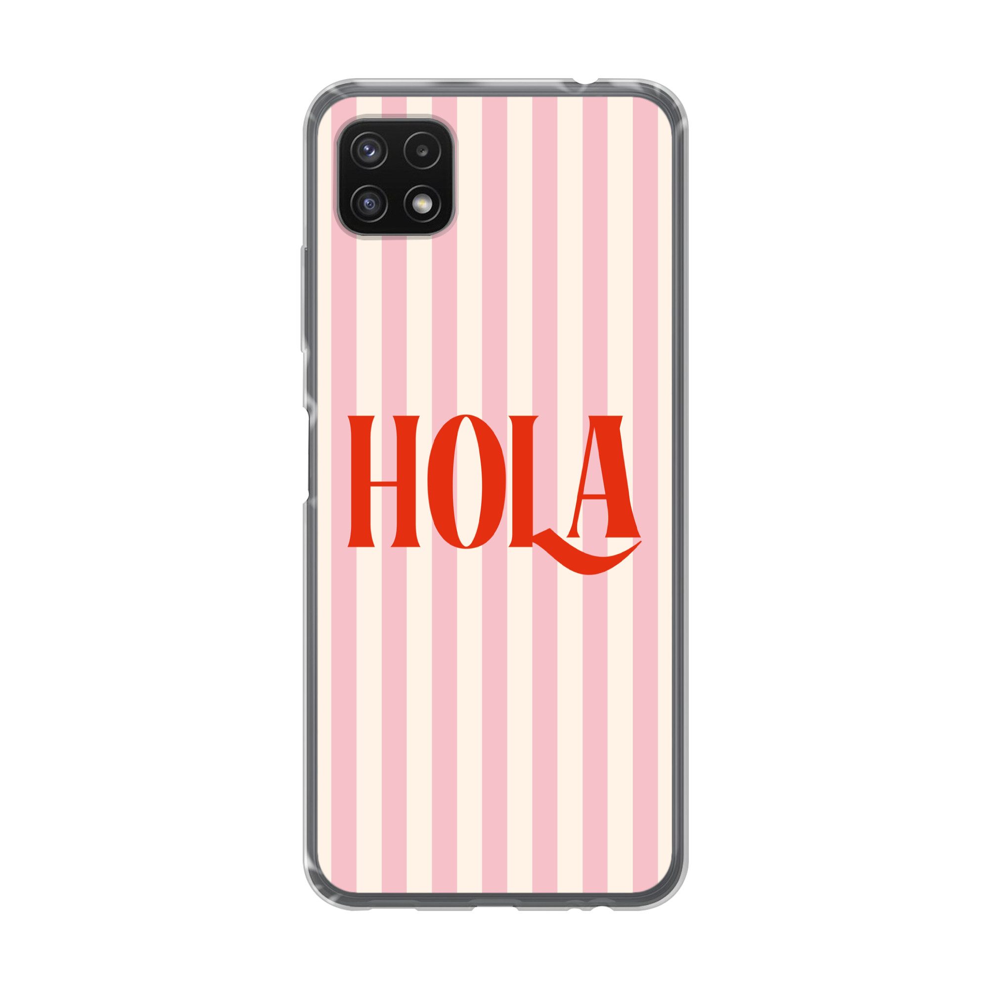 MuchoWow Handyhülle für Samsung Galaxy A22 5G Hola - Zitat - Streifen - Pastell - Rosa - R, Smartphone-Bumper, Print, Handy Schutzhülle Dünn