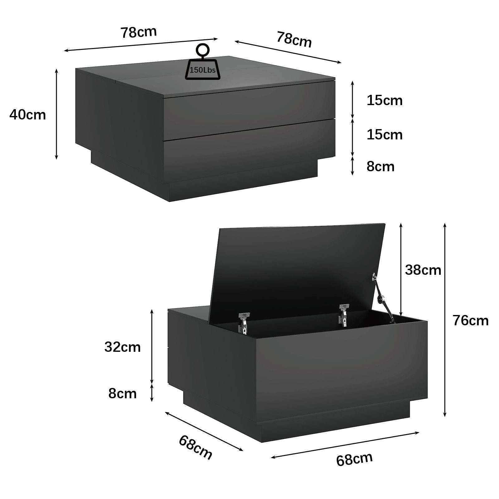 radelldar Couchtisch mit 2 Schubladen und aufklappbarer Tischplatte, 78x78x40cm (1-St), Wohnzimmertisch Beistelltisch mit LED-Beleuchtung
