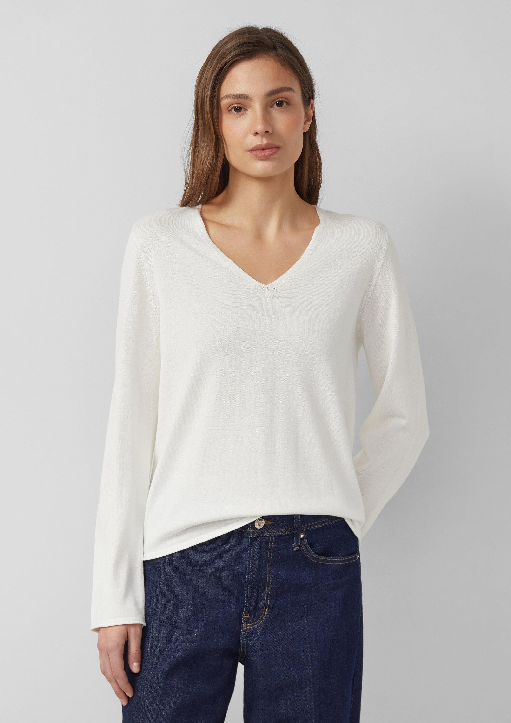 s.Oliver Longpullover Strickpullover Feinstrickpullover mit V-Ausschnitt und Rollkante am Saum