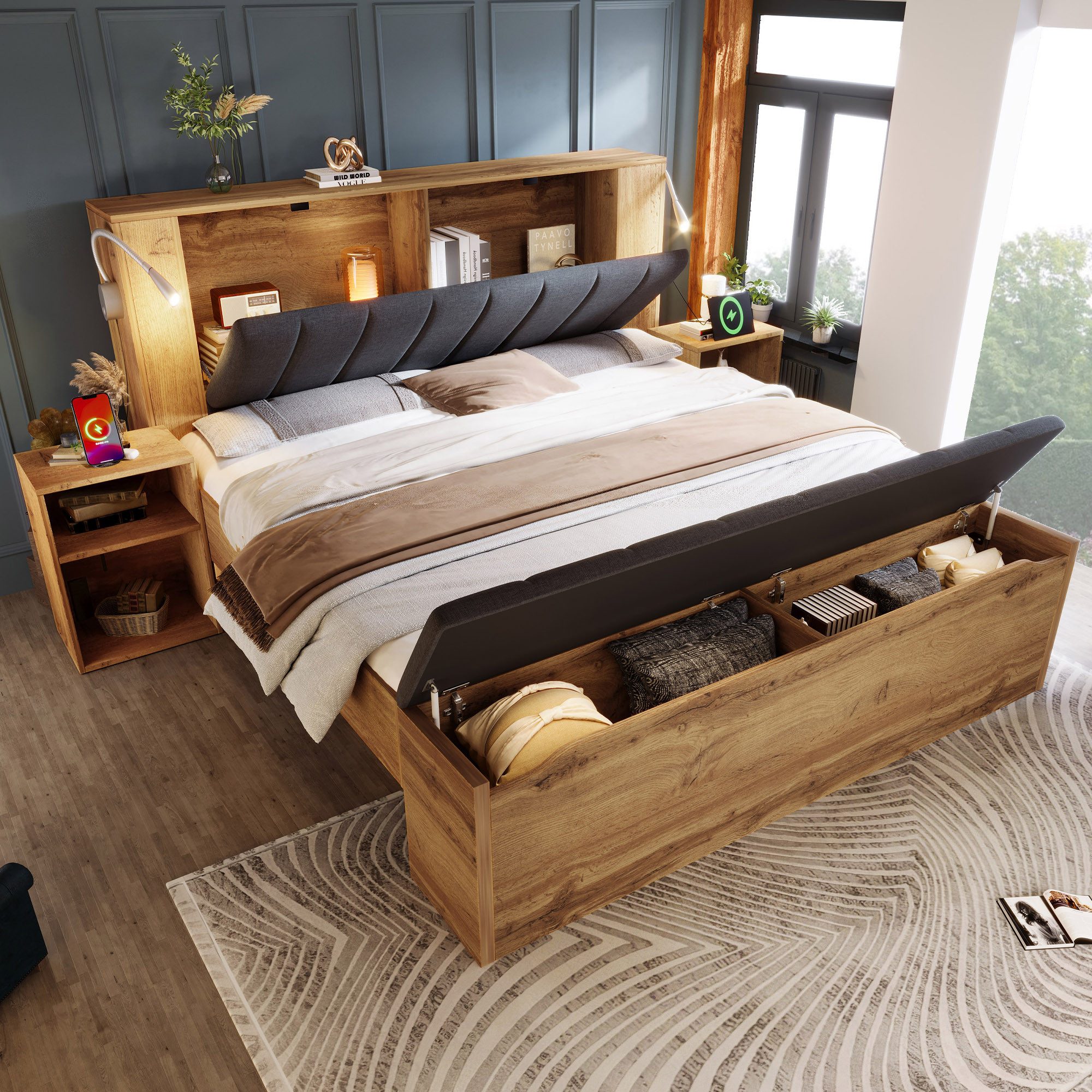 Odikalo Polsterbett Doppelbett 160x200 180x200 mit Nachttische und Bettbank (Holzbett mit klappbarem Kopfteil aus Leinenstoff Stauraum zwei Nachttische Bettbank mit Stauraum Leselampen mit USB Lattenrost Eiche Farbe ohne Matratze)