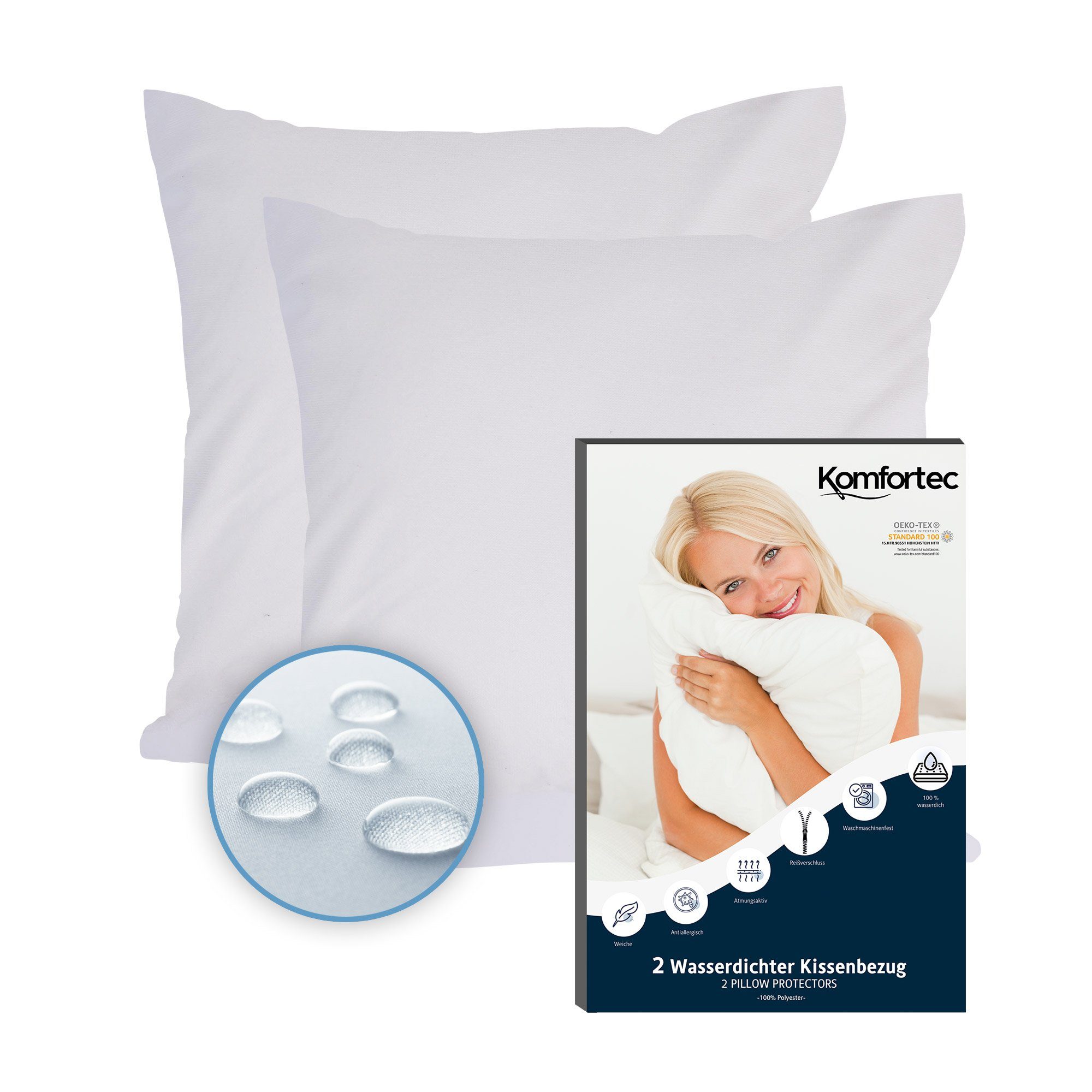 Kissenbezüge Wasserdichter Kissenbezug Set, Hypoallergen Kopfkissenbezüge, Komfortec (2 Stück), 45x45 cm mit Reißverschluss, Atmungsaktiv, Anti-Milben Kissenschoner