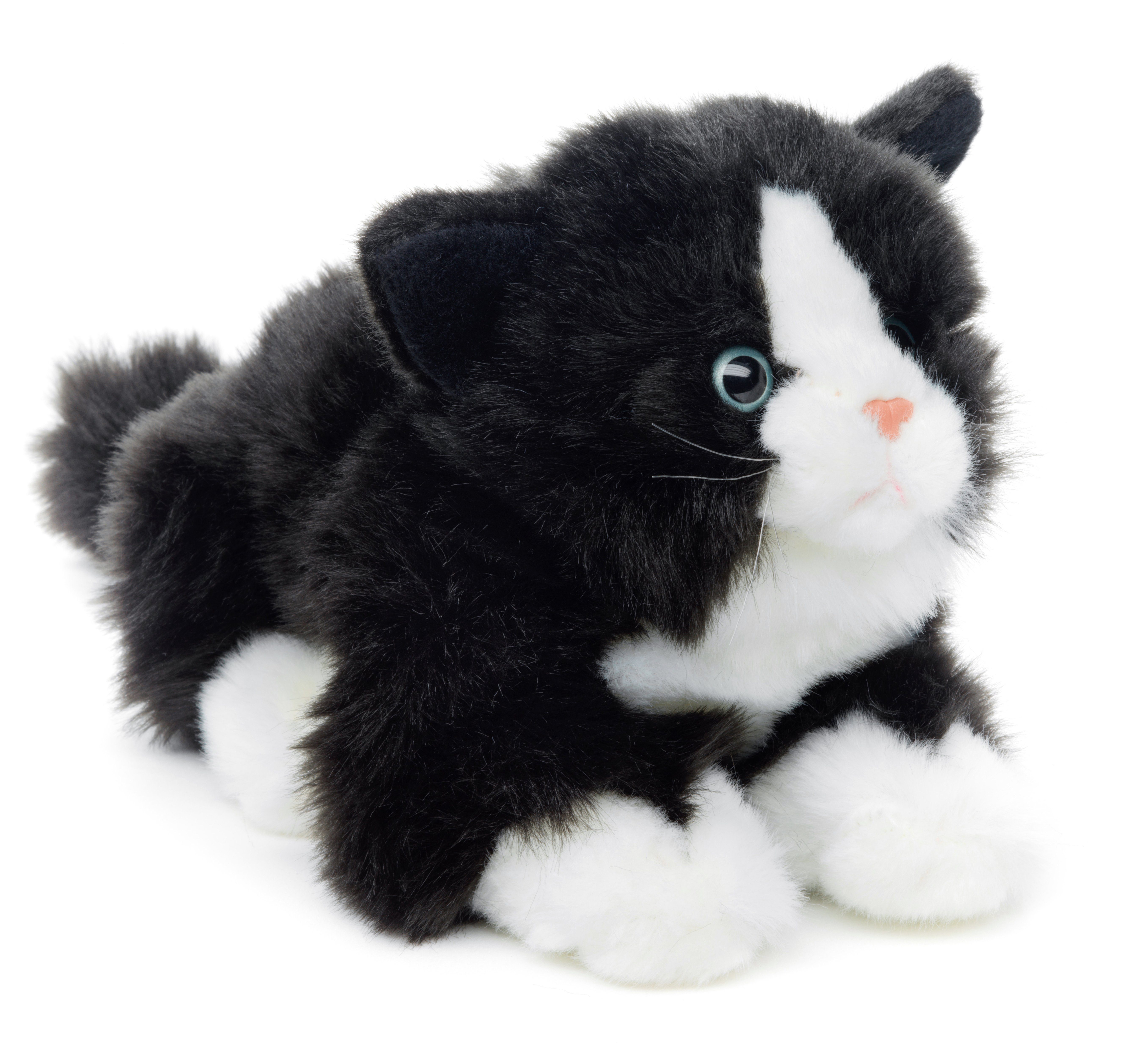 Uni-Toys Kuscheltier Katze mit Stimme (schwarz-weiß) - 20 cm (Länge) - Plüsch, Plüschtier, zu 100 % recyceltes Füllmaterial