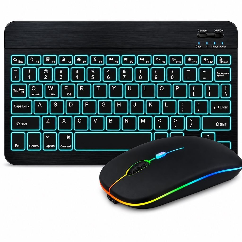 BBG RGB Bluetooth Tastatur mit Maus Set, Kabellos, Wiederaufladbar Ultra-Slim-Bluetooth-Tastatur (Leise Beleuchtet, Multi-Device, Deutsches Layout QWERTZ)