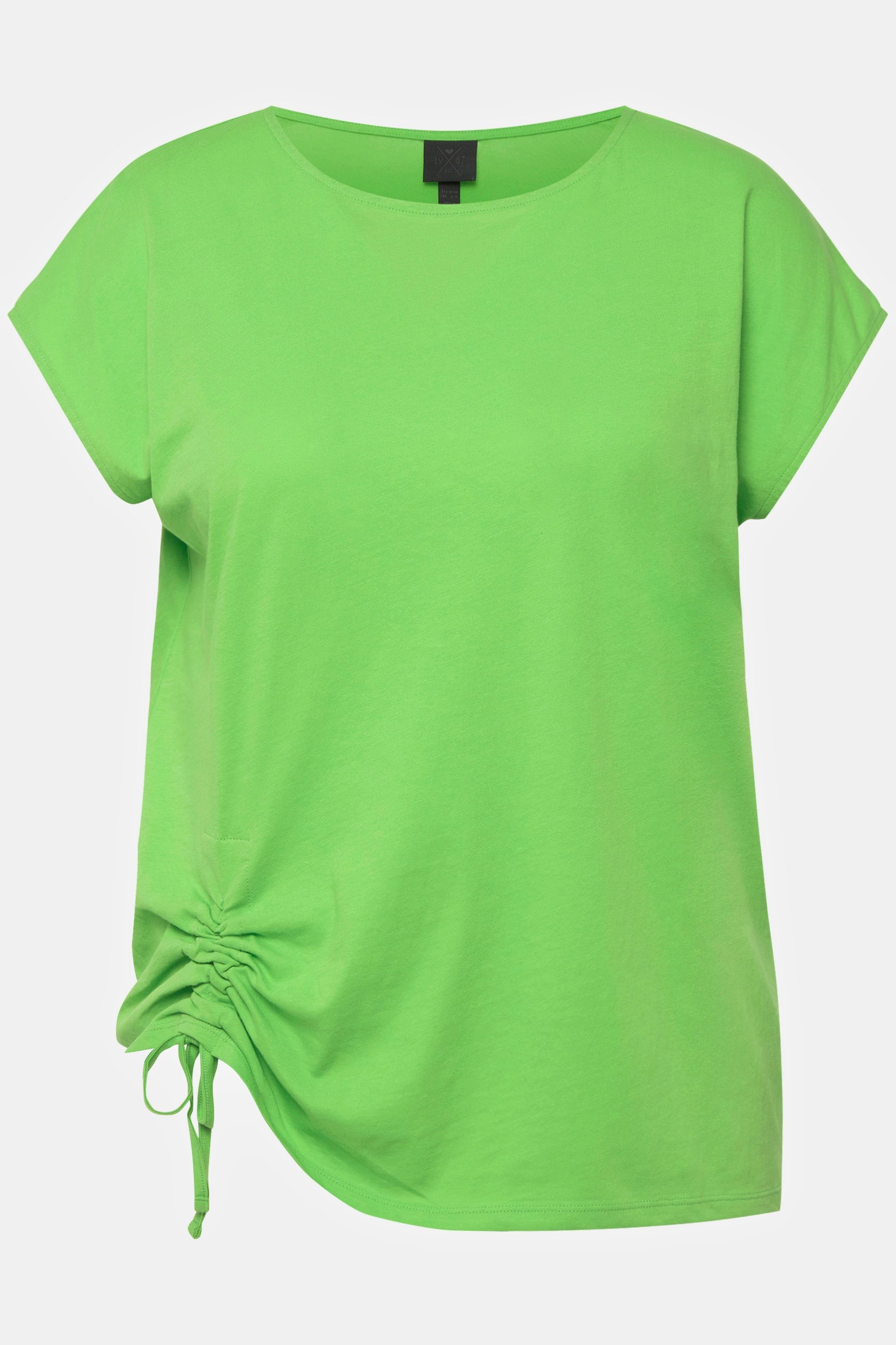 Ulla Popken Rundhalsshirt T-Shirt Rundhals Halbarm grün Saum-Raffband