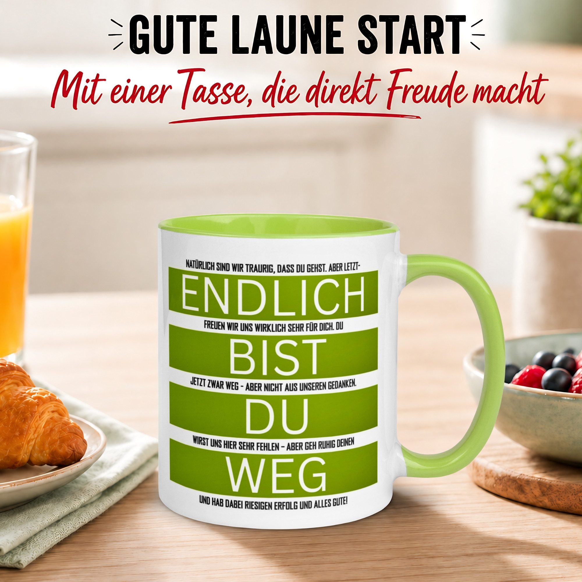 Momentals Tasse Abschied – „Endlich bist du weg“ – Abschiedsgeschenk für Kollegen, Gratis Versand · Links-&Rechtshänder · Spülmaschinenfest – Bild 3 von 5