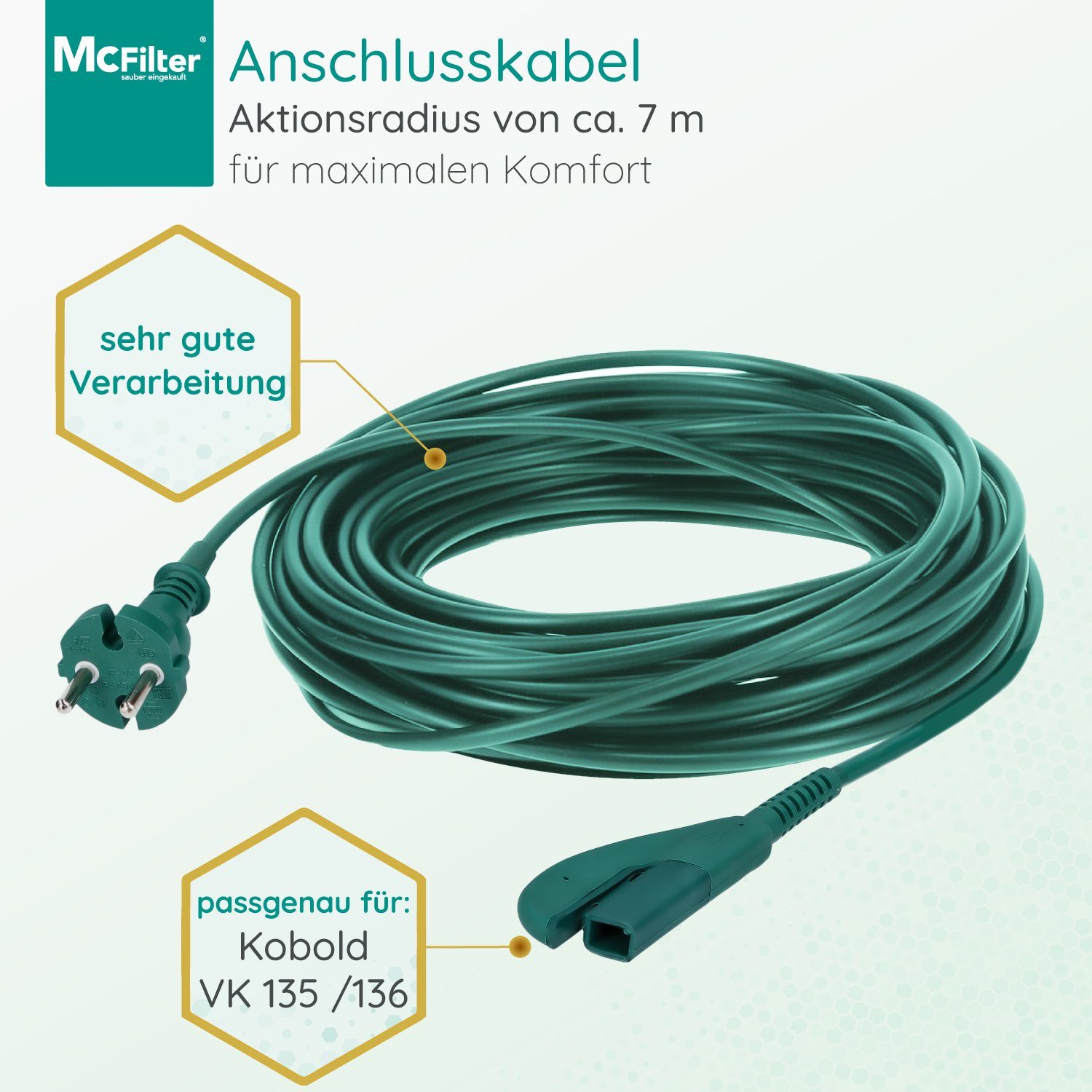 cm), Stromkabel, Kabel VK 136 passend McFilter Staubsauger Typ Kabel 135, Kobold (Konturenstecker), VK EF Vorwerk für (700