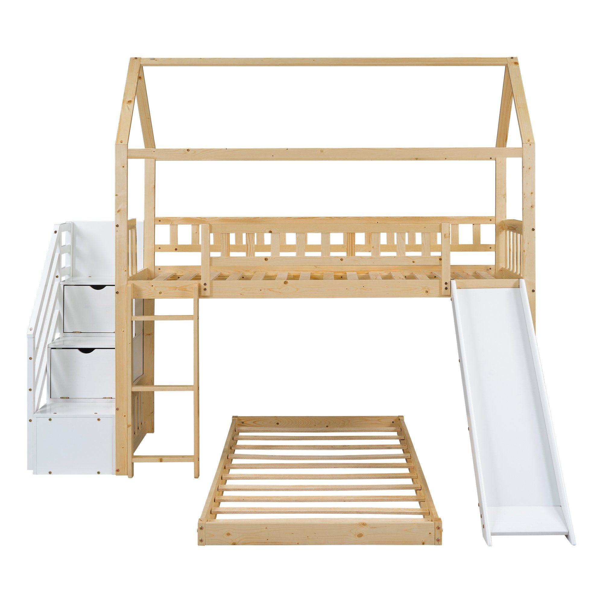 Etagenbett (mit Rutsche, Schubladen und Lattenrost), Hochbett Kinderbett 90x200 cm inklusive 2 Schlafgelegenheiten, Kiefer