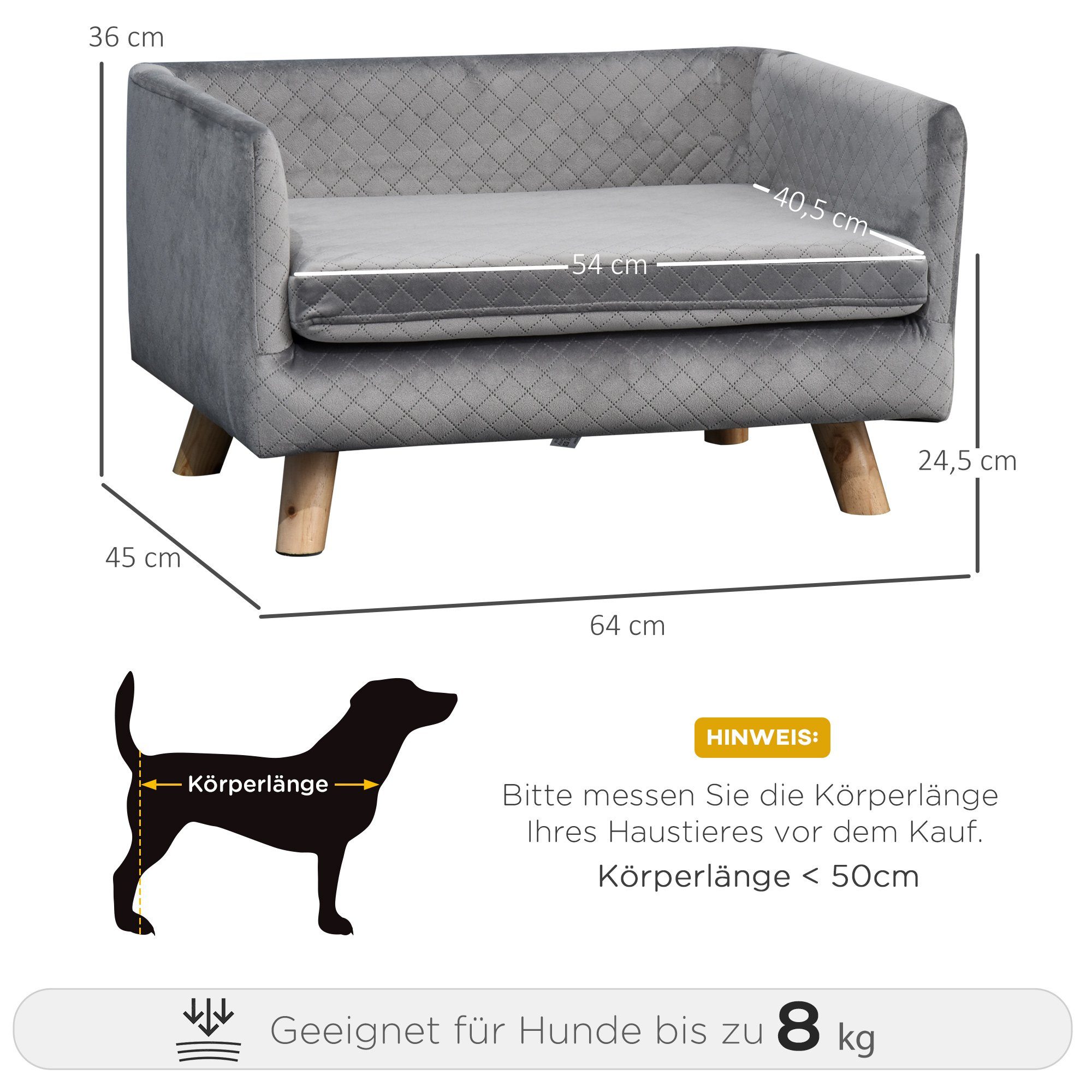 PawHut Tierbett Hundesofa mit Holzbeinen Hundebett für kleine Hunde bis zu 8 kg, samtartiges Polyester, Grau 64 x 45 x 36 cm