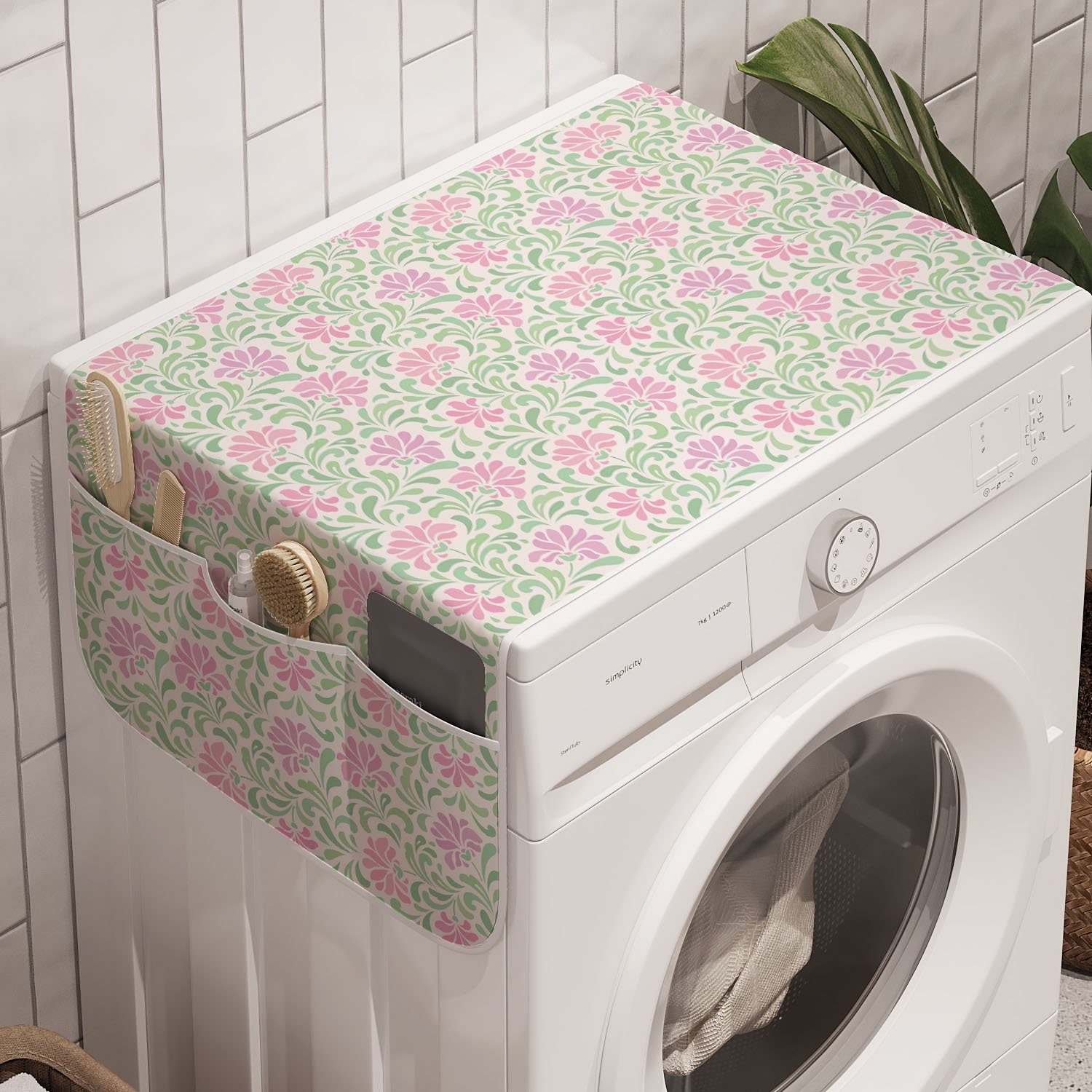 Abakuhaus Badorganizer Anti-Rutsch-Stoffabdeckung für Waschmaschine und Trockner, Blumen Pastellton Botanical Theme