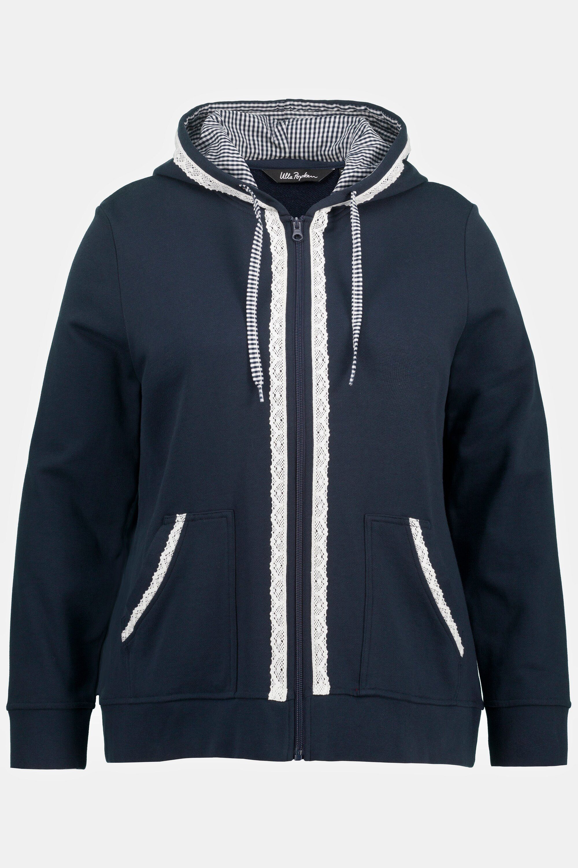 Ulla Popken Sweatjacke Karodetails Kapuze Spitze marine Tracht-Sweatjacke