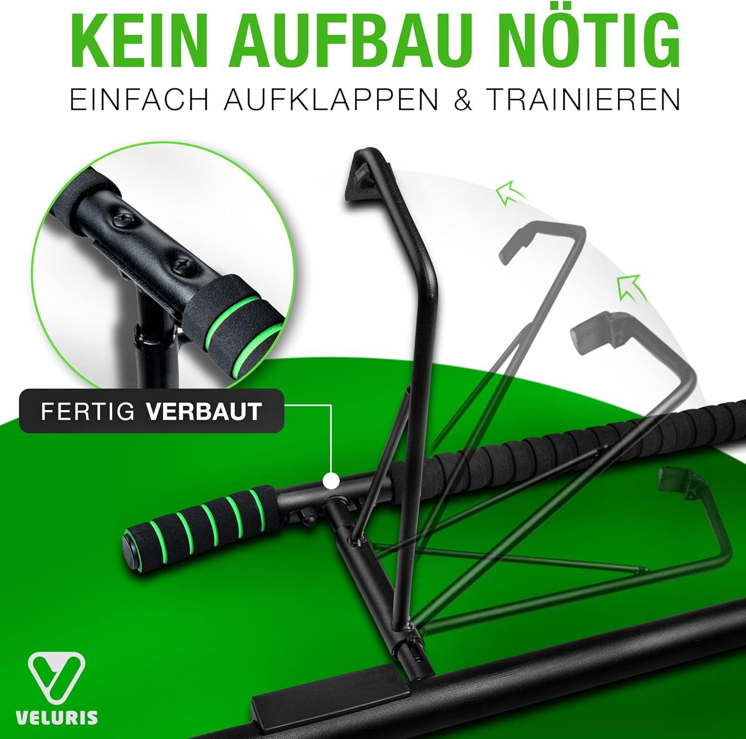 Veluris Klimmzugstange Türrahmen - ohne Bohren, bis 200 kg, 20 cm mehr Freiraum, abgerundet, Klappbar, rutschfeste Schaumgriffe, für Klimmzüge, Dips & Push-ups – Bild 4 von 5